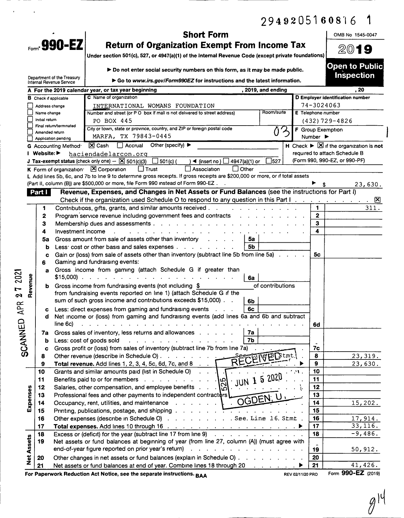 Image of first page of 2019 Form 990EZ for International Womans Foundation