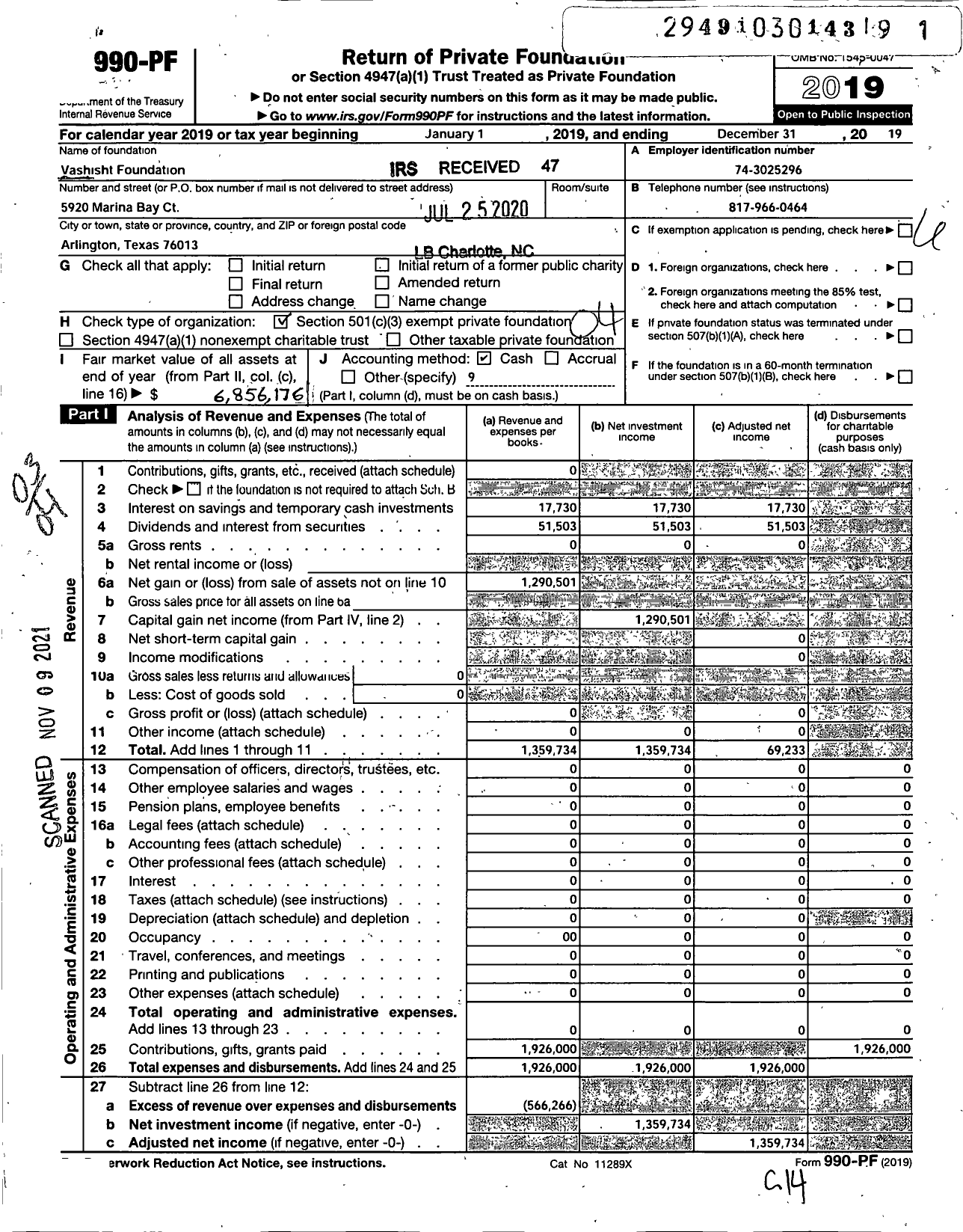 Image of first page of 2019 Form 990PF for Vashisht Foundation