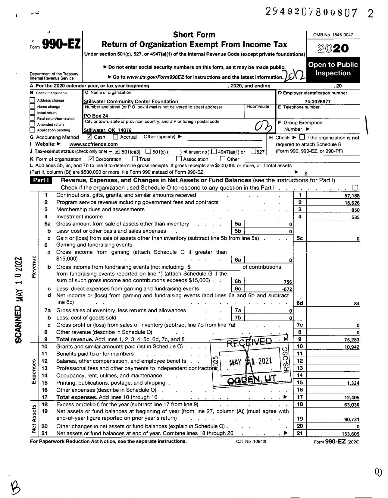 Image of first page of 2020 Form 990EZ for Stillwater Community Center Foundation