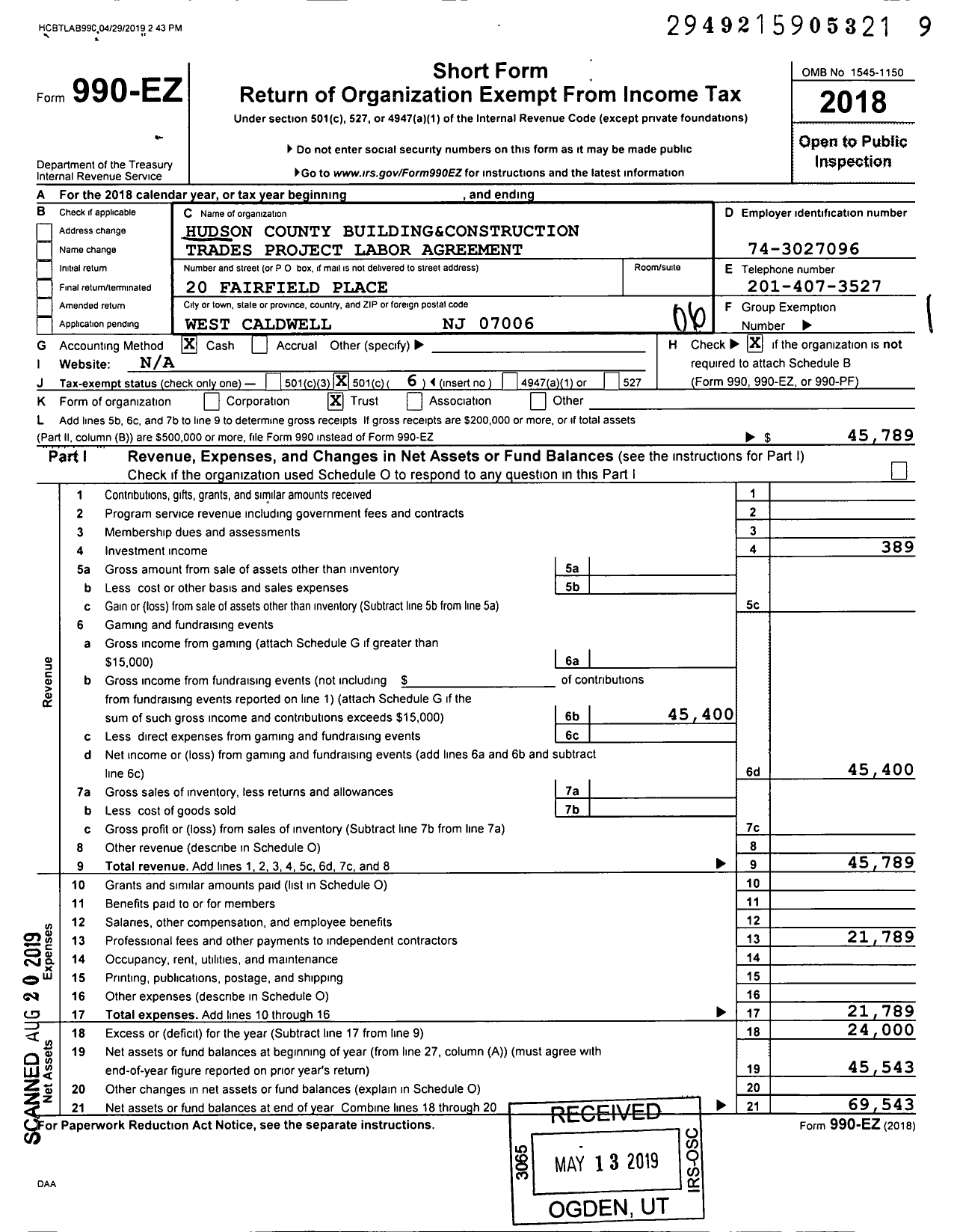 Image of first page of 2018 Form 990EO for Hudson County Bldg&constr Trades Project Labor Agreement