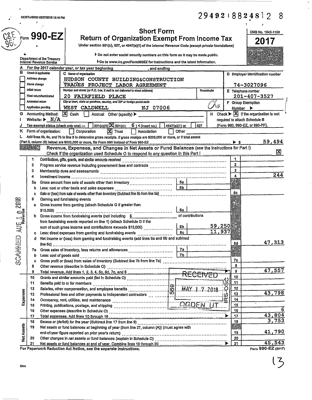 Image of first page of 2017 Form 990EO for Hudson County Bldg&constr Trades Project Labor Agreement