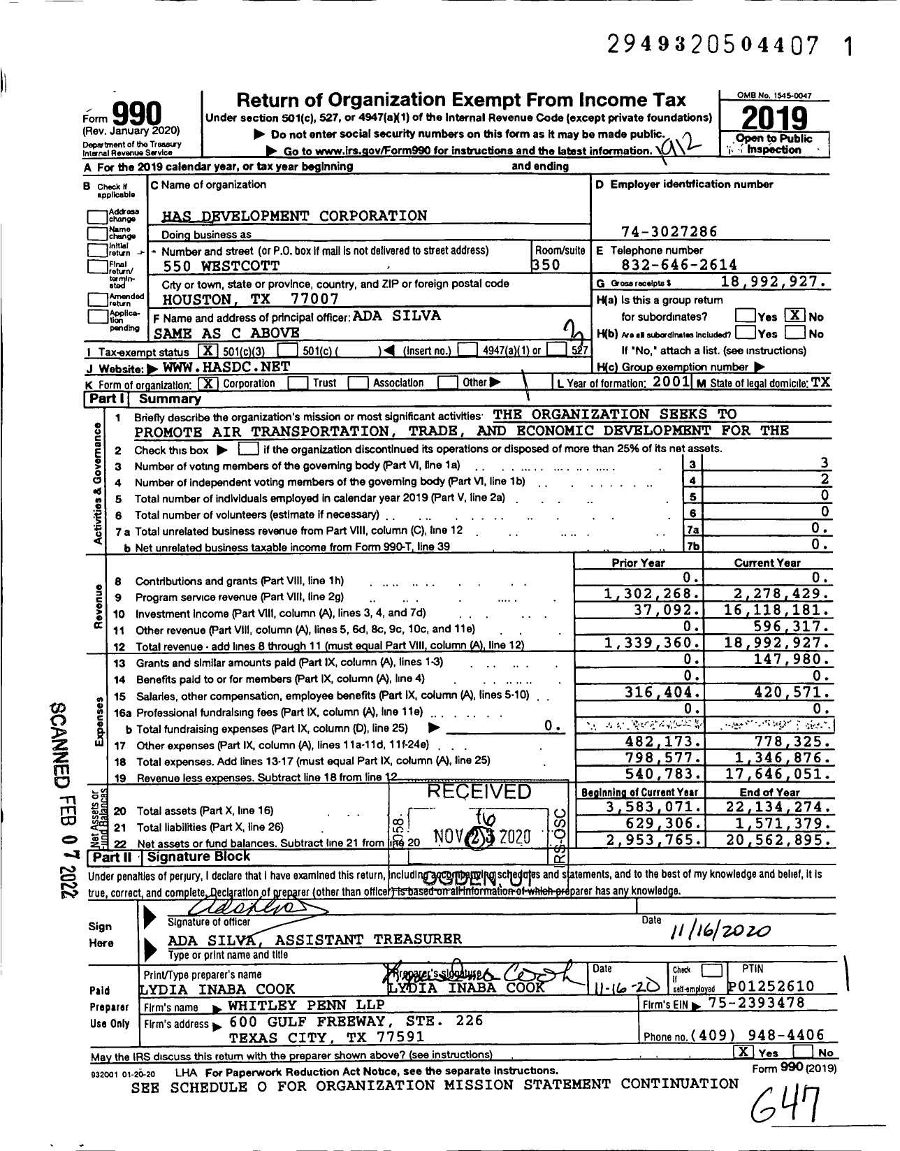 Image of first page of 2019 Form 990 for HAS Development Corporation (HASDC)