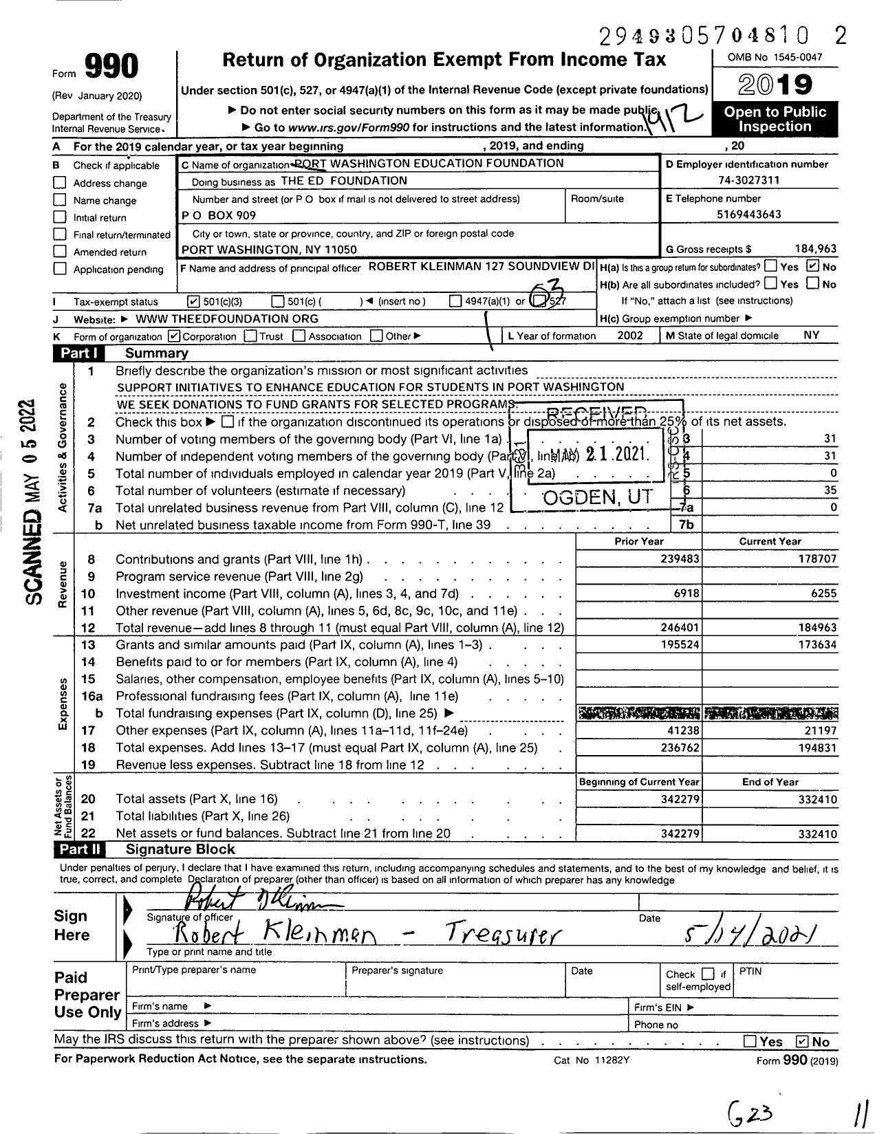 Image of first page of 2019 Form 990 for The Education Foundation / Port Washington Education Foundation