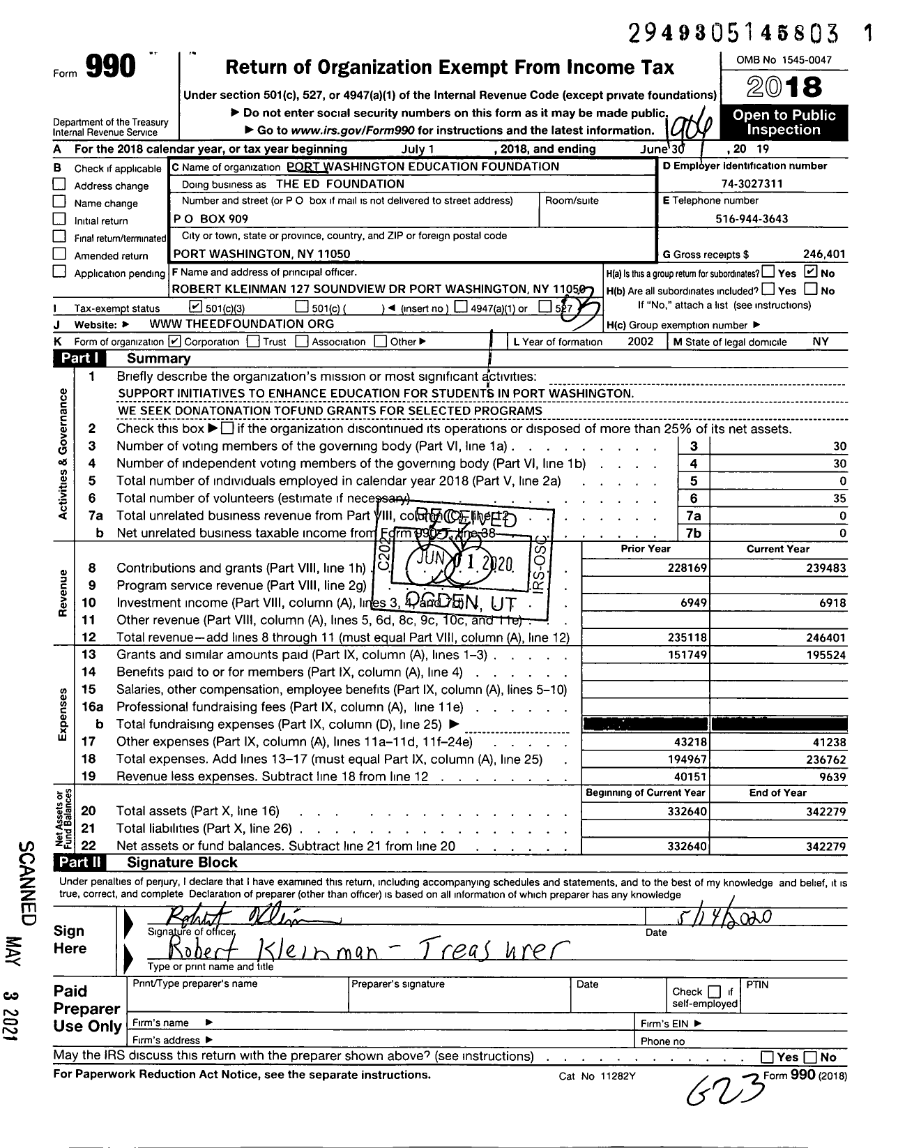 Image of first page of 2018 Form 990 for The Education Foundation / Port Washington Education Foundation