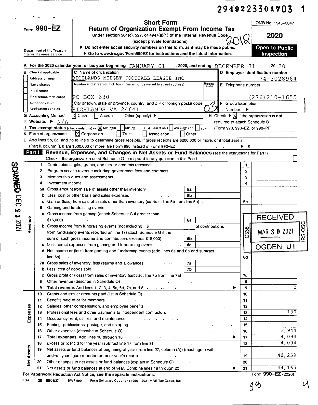 Image of first page of 2020 Form 990EZ for Richlands Midget Football League