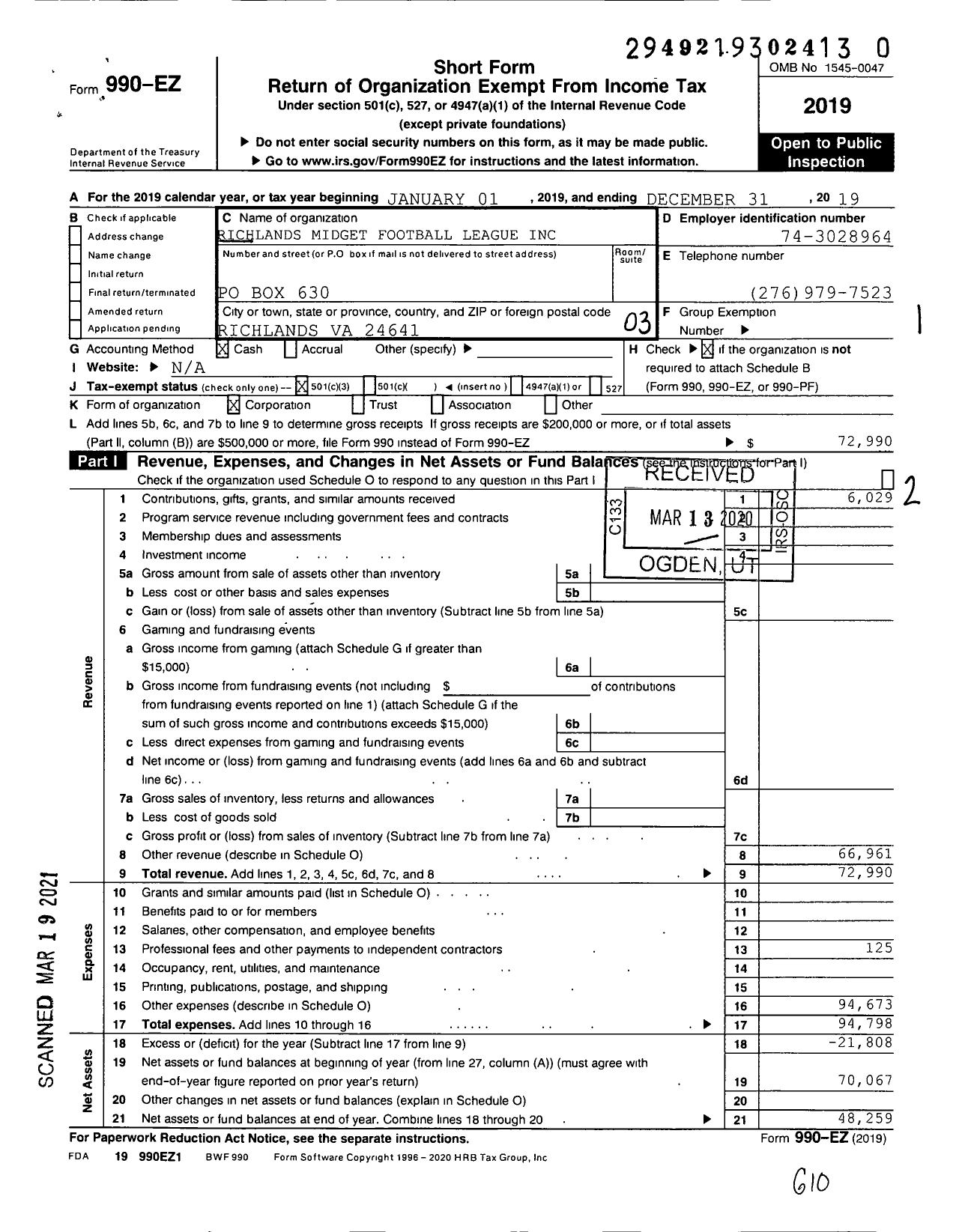 Image of first page of 2019 Form 990EZ for Richlands Midget Football League