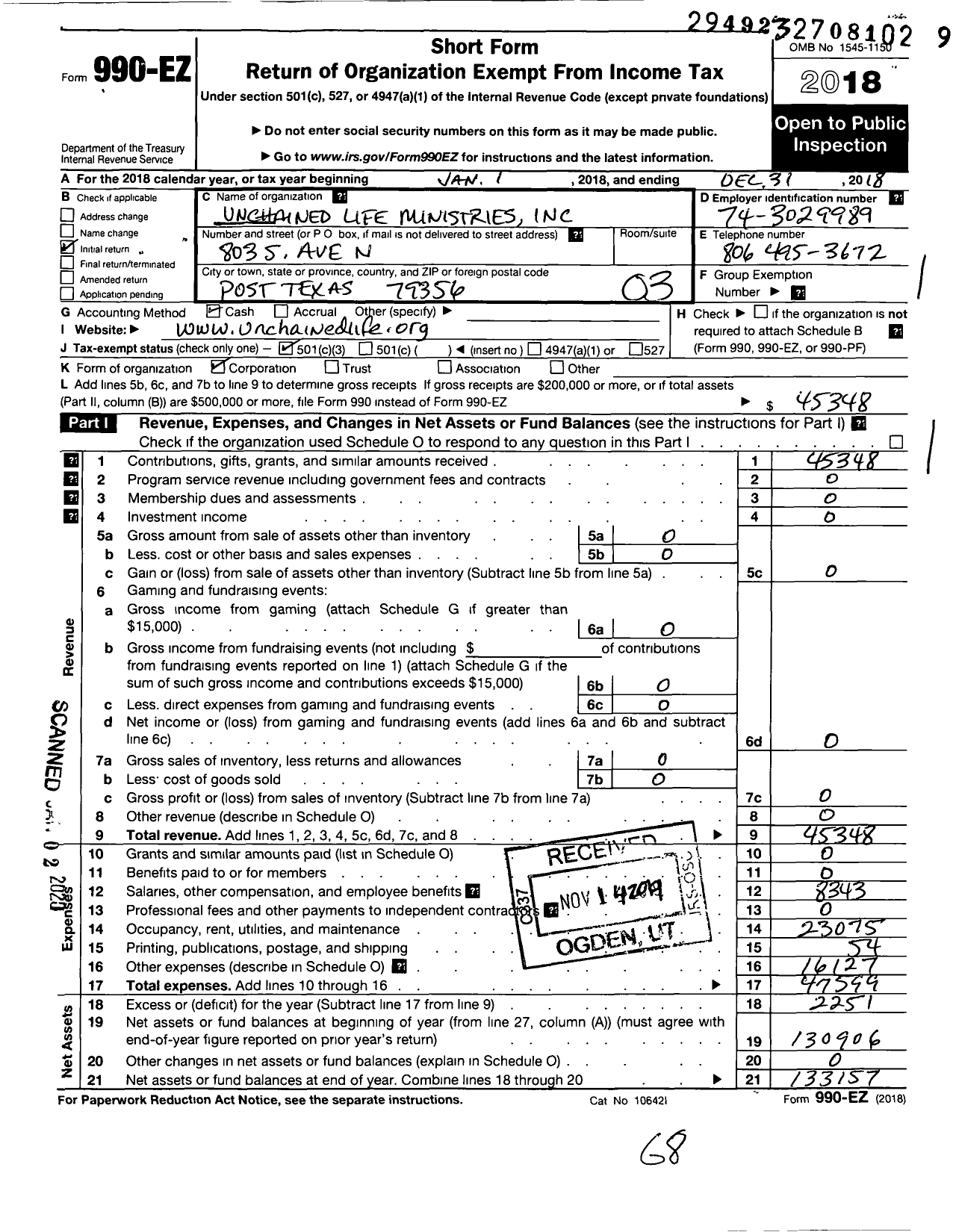 Image of first page of 2018 Form 990EZ for Unchained Life Ministries
