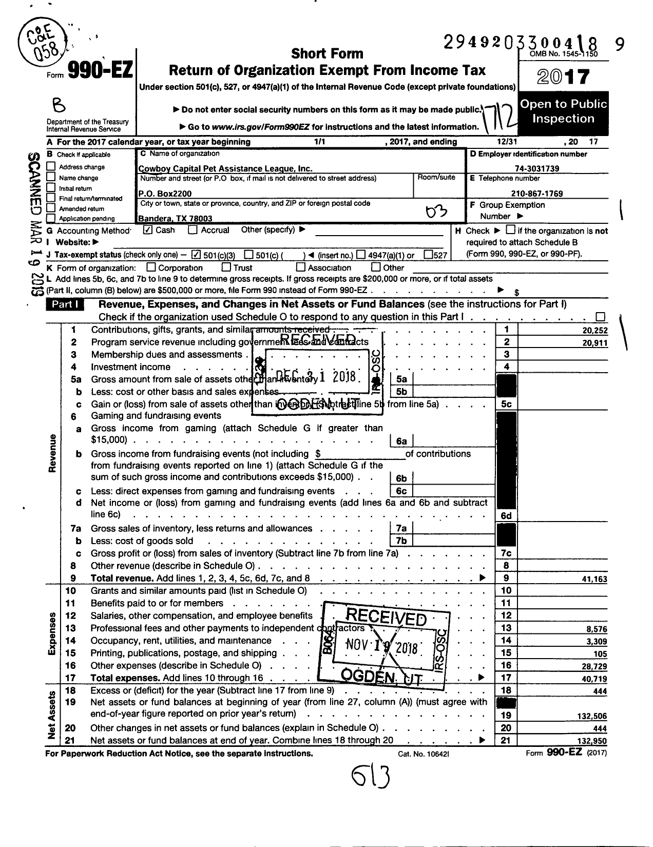 Image of first page of 2017 Form 990EZ for Cowboy Capital Pet Assistance League