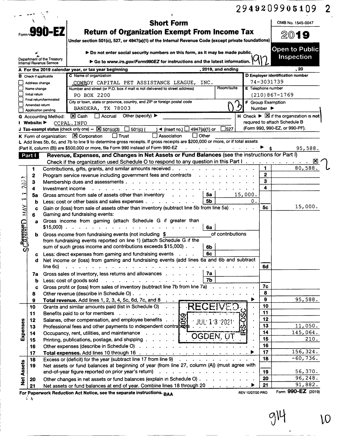 Image of first page of 2019 Form 990EZ for Cowboy Capital Pet Assistance League