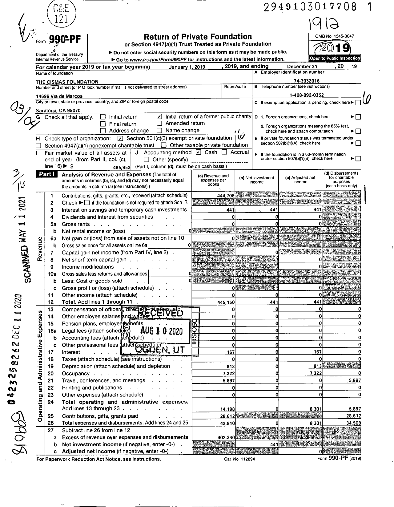 Image of first page of 2019 Form 990PF for Cismas Foundation