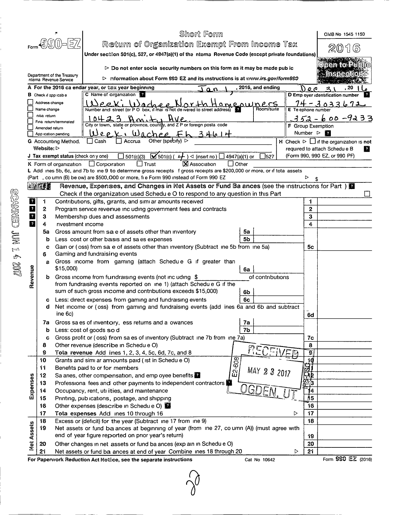 Image of first page of 2016 Form 990EO for Weeki Wachee North Home Owners Association