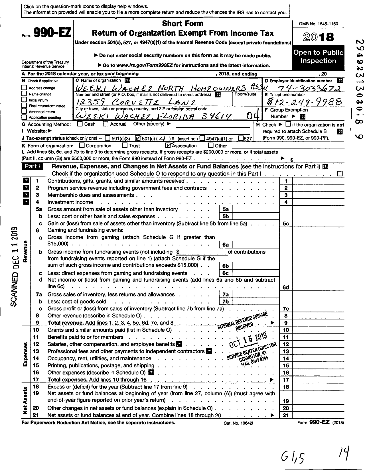 Image of first page of 2018 Form 990EO for Weeki Wachee North Home Owners Association