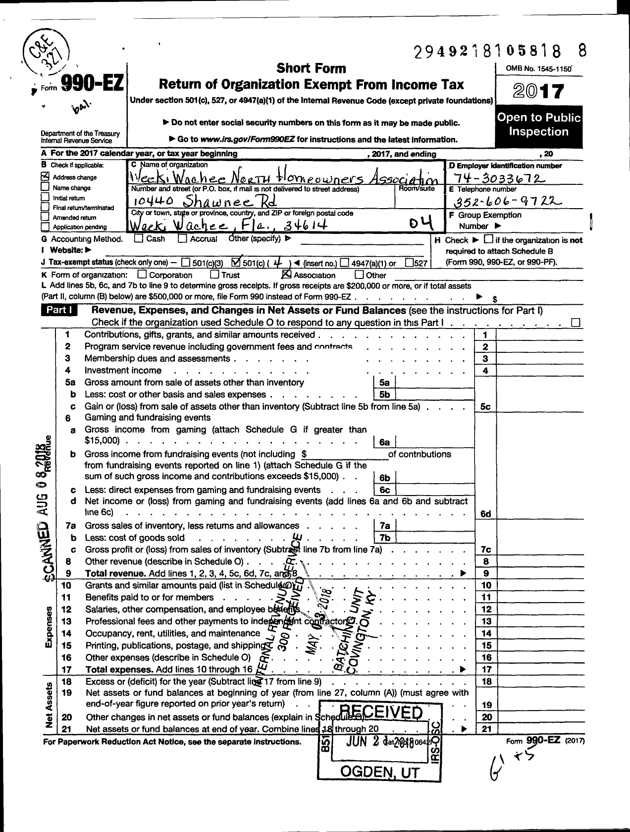 Image of first page of 2017 Form 990EO for Weeki Wachee North Home Owners Association