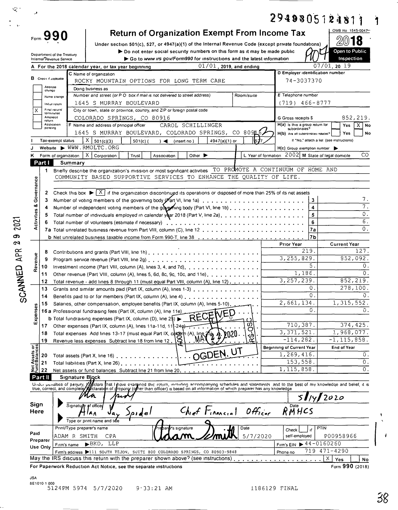 Image of first page of 2018 Form 990 for Rocky Mountain Options for Long Term Care