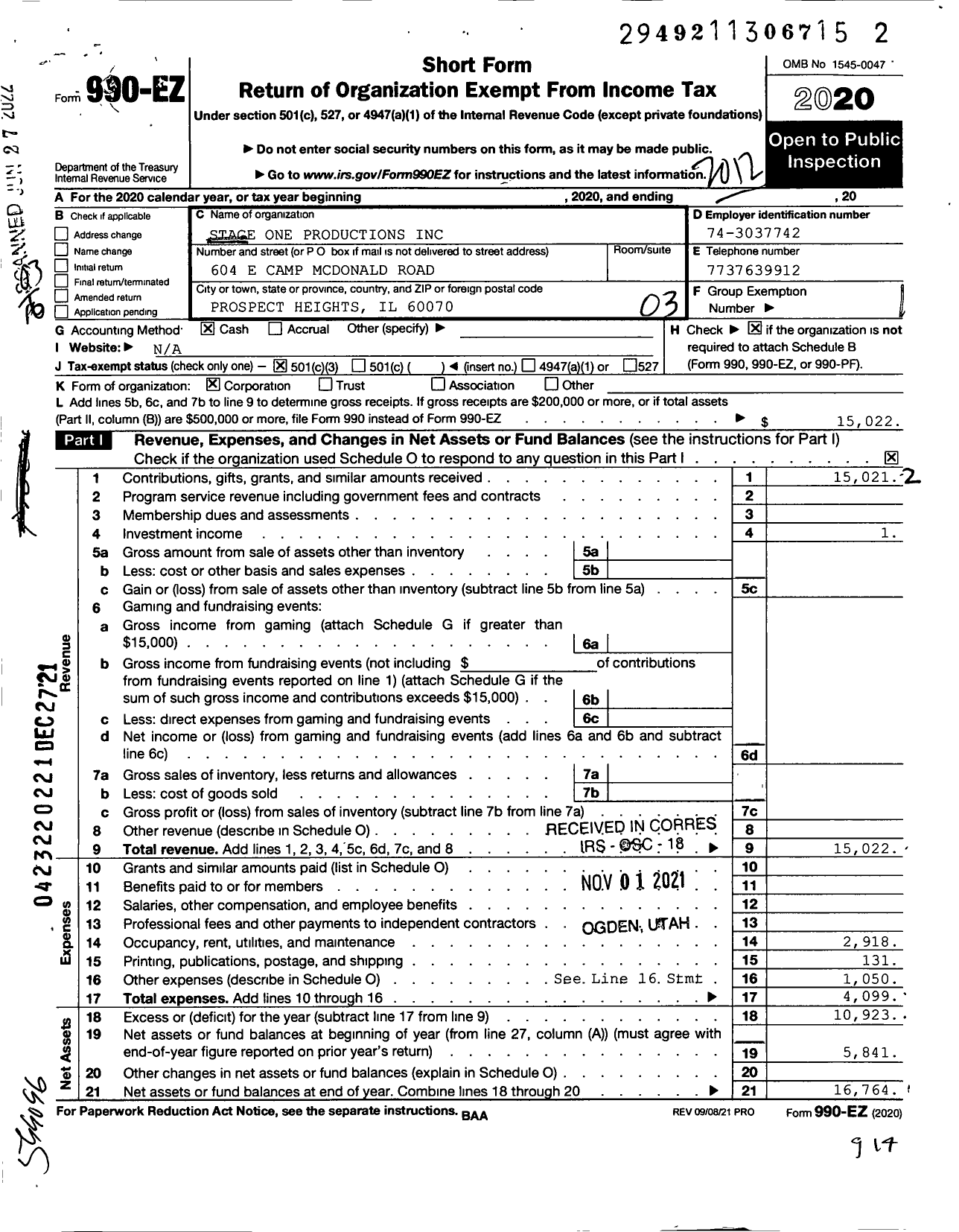 Image of first page of 2020 Form 990EZ for Stage One Productions