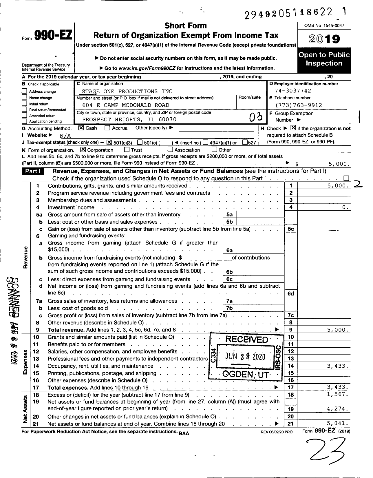 Image of first page of 2019 Form 990EZ for Stage One Productions