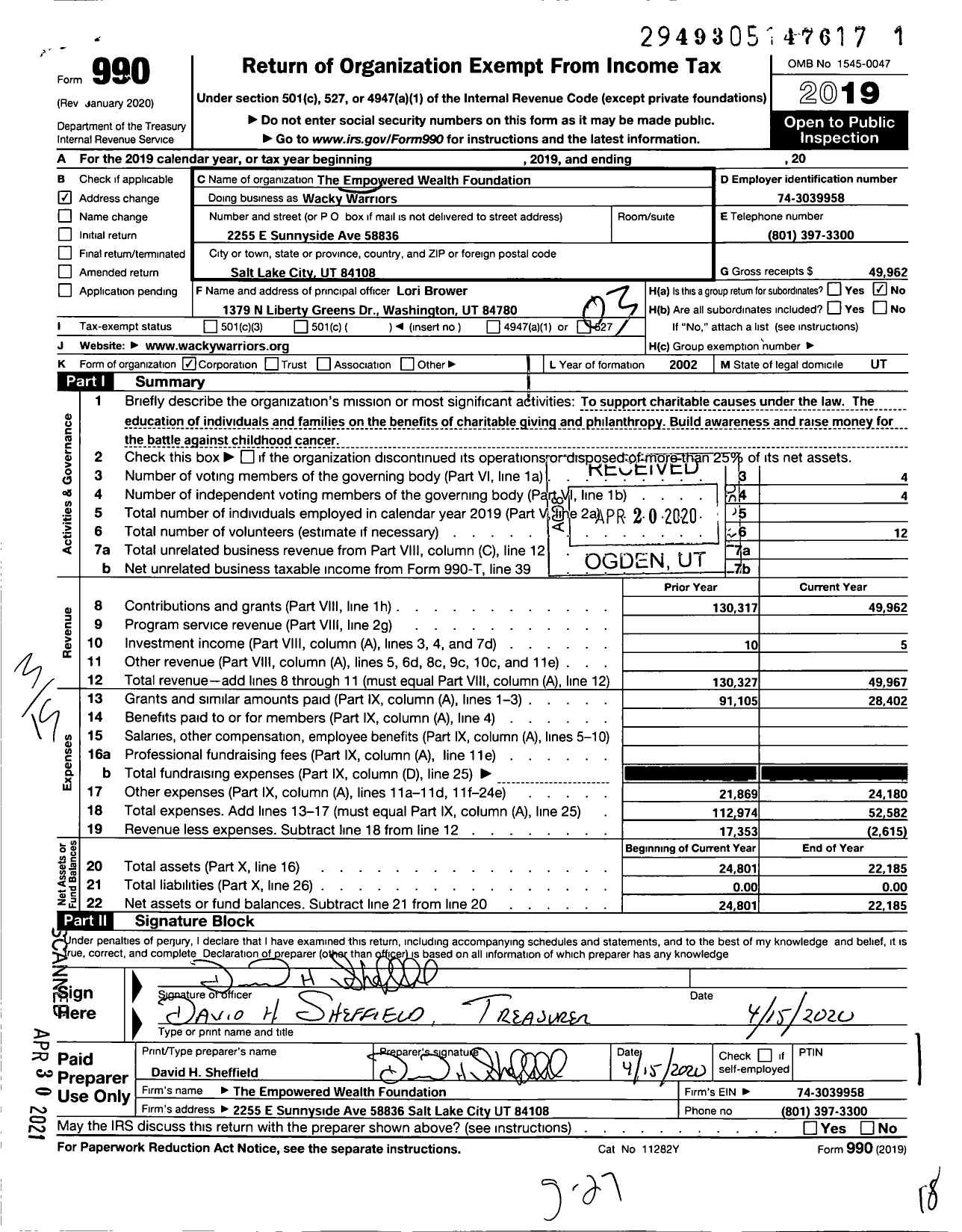 Image of first page of 2019 Form 990 for Wacky Warriors