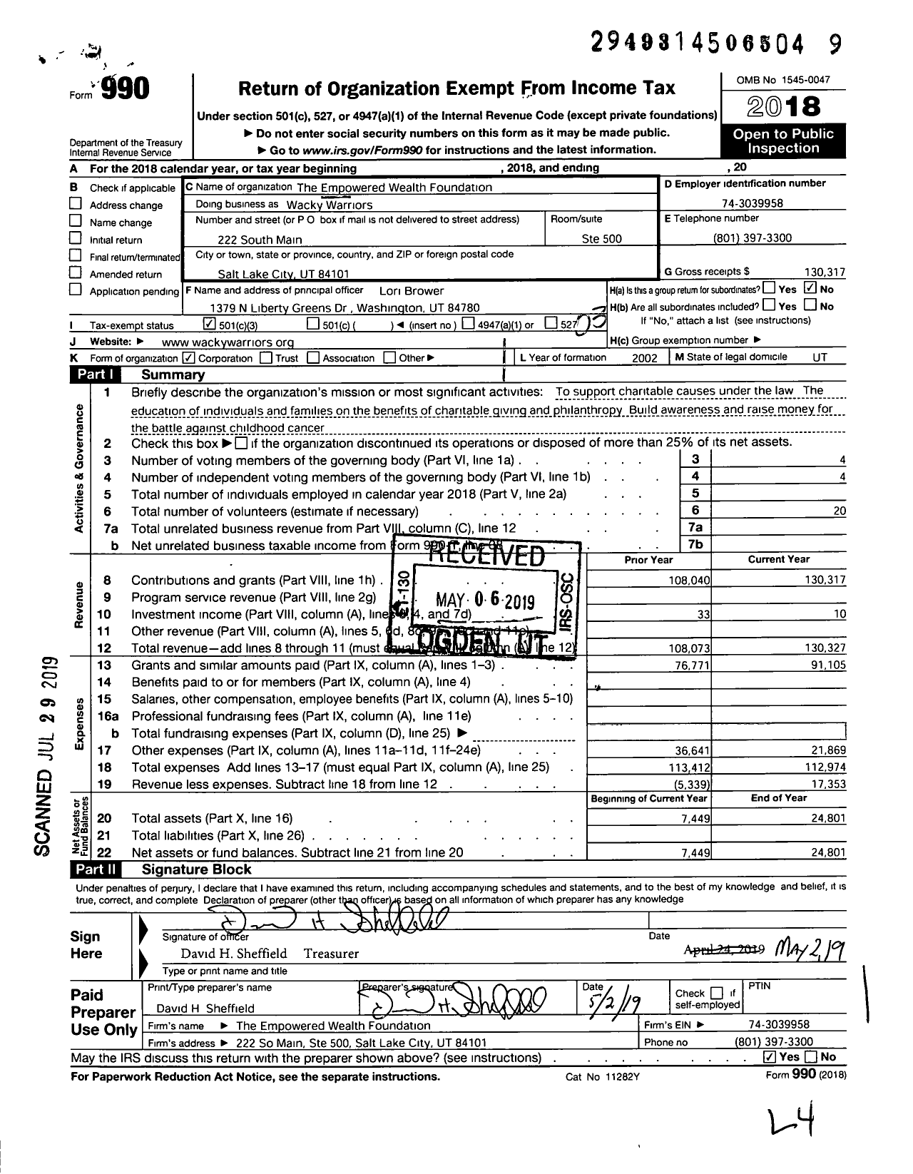 Image of first page of 2018 Form 990 for Wacky Warriors