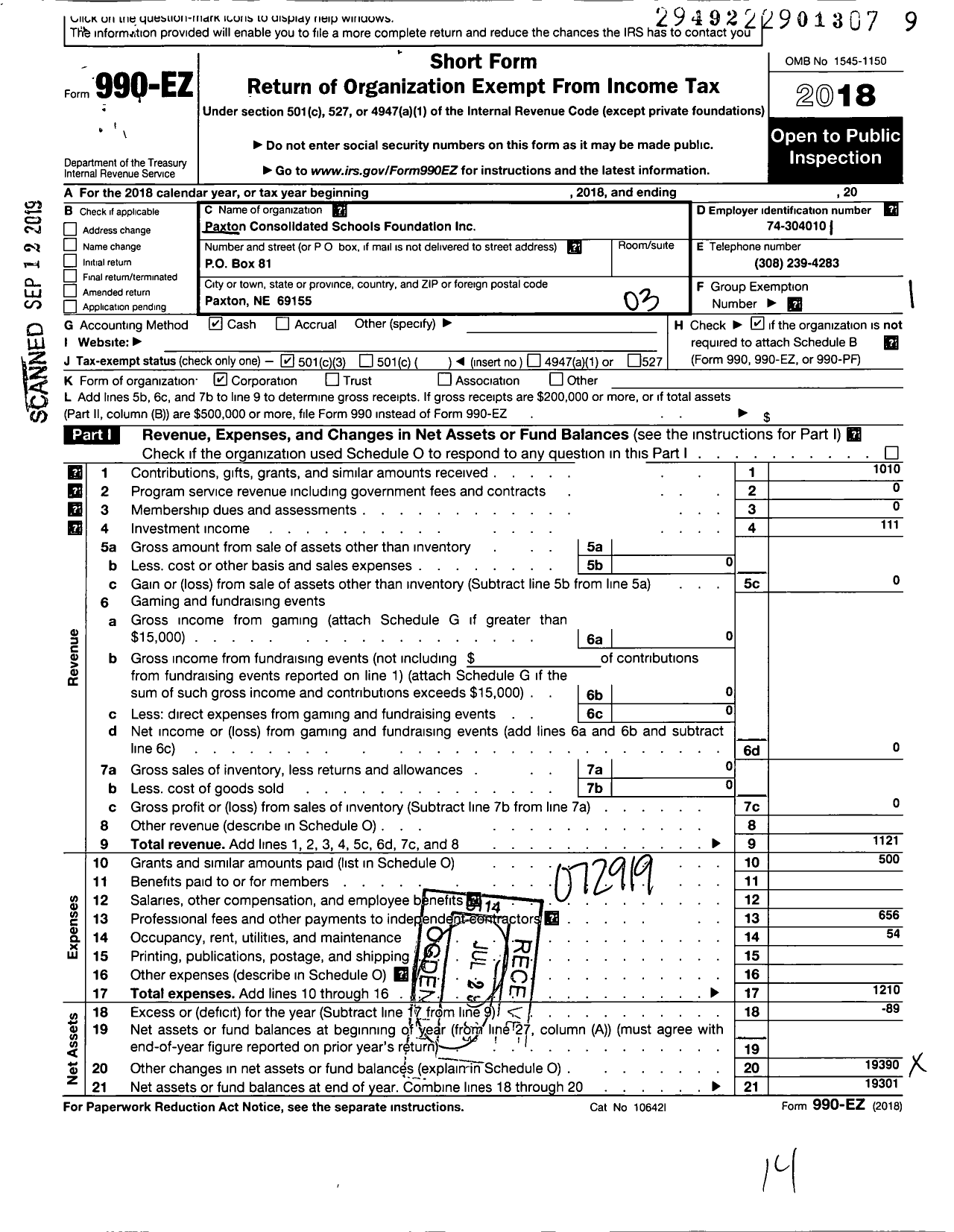 Image of first page of 2018 Form 990EZ for Paxton Consolidated Schools Foundation