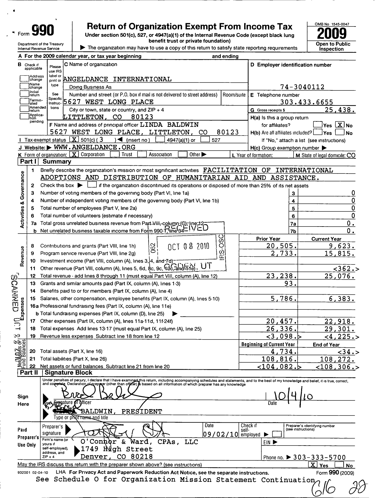 Image of first page of 2009 Form 990 for Angeldance International