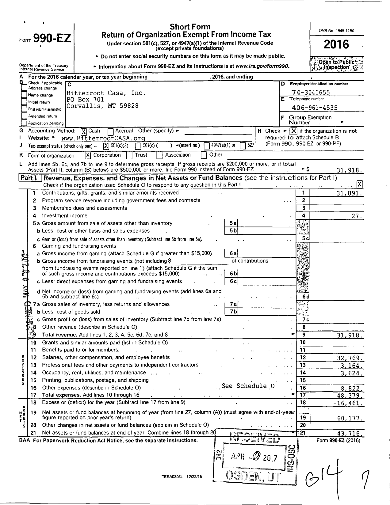 Image of first page of 2016 Form 990EZ for Bitterroot Casa