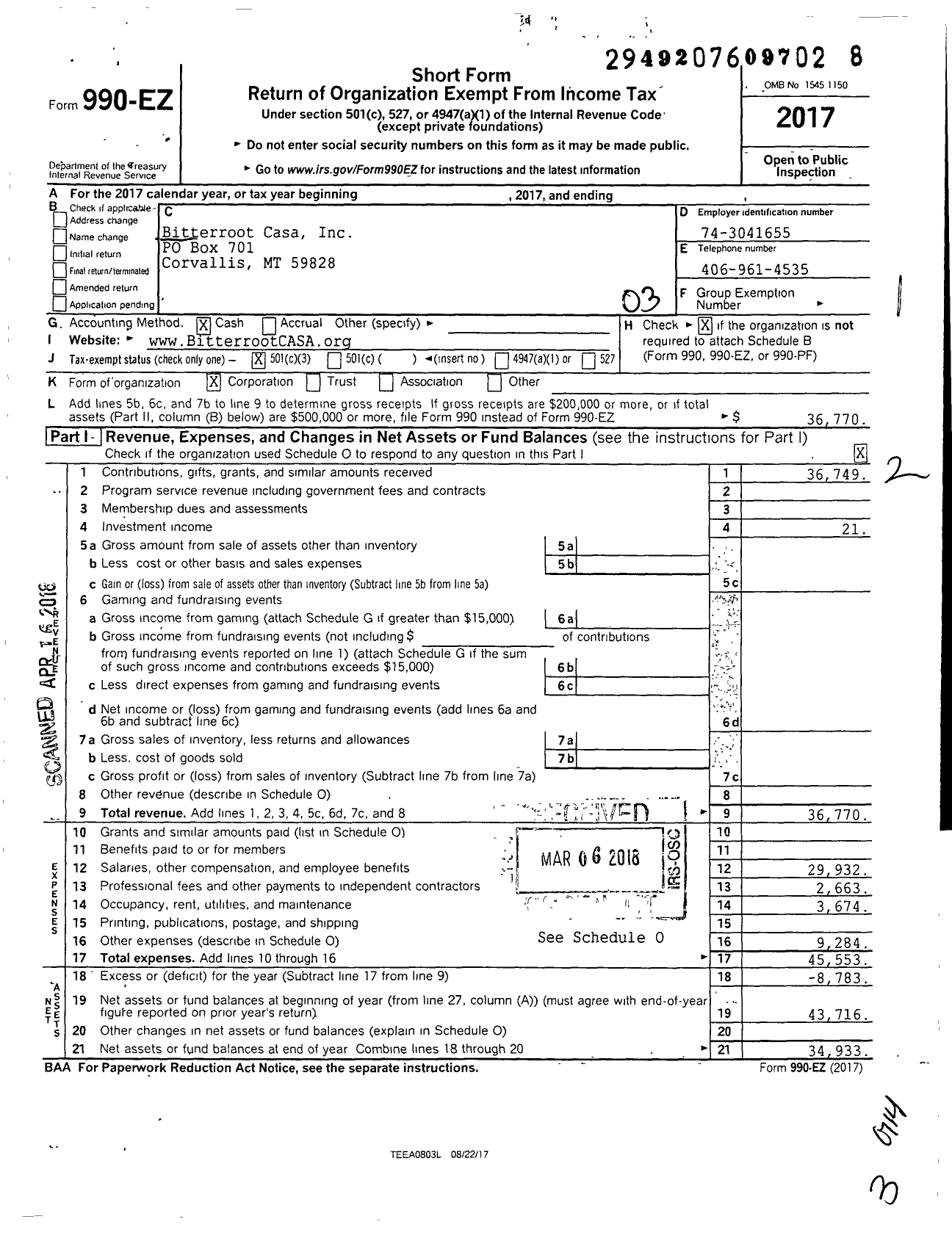 Image of first page of 2017 Form 990EZ for Bitterroot Casa