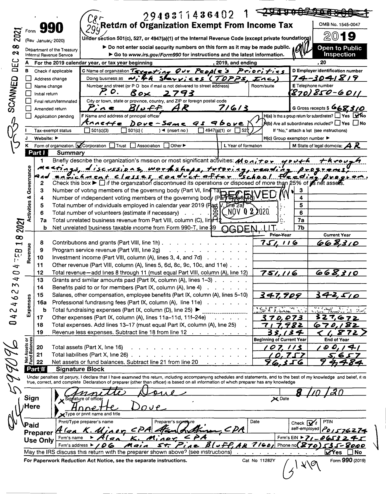 Image of first page of 2019 Form 990 for Targeting Our Peoples Priorties with Service (TOPPS)