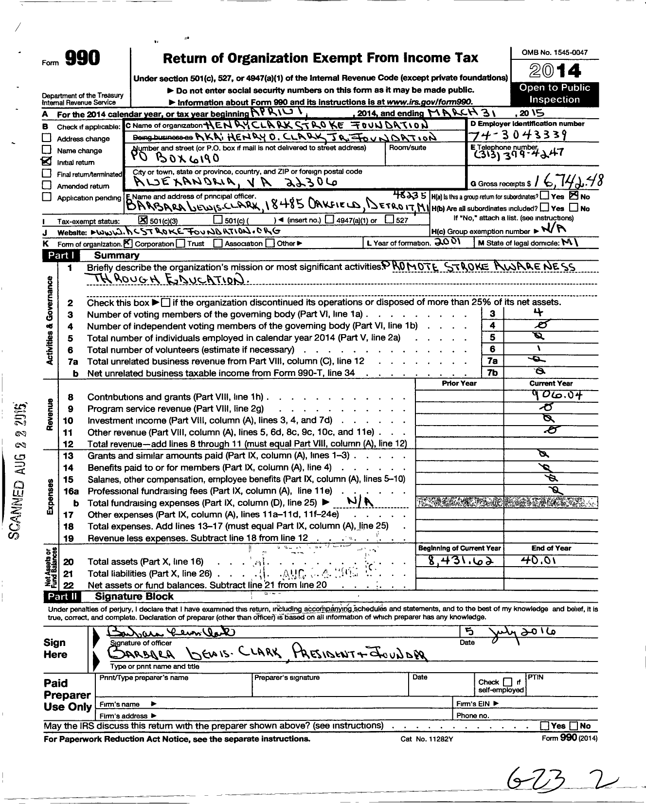 Image of first page of 2014 Form 990 for Henry Clark Stroke Foundation