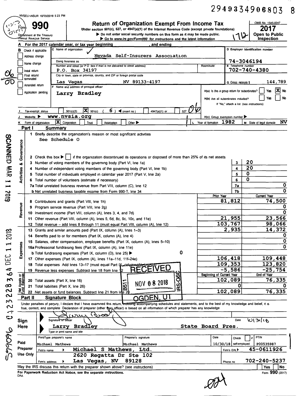 Image of first page of 2017 Form 990O for Nevada Self-Insurers Association