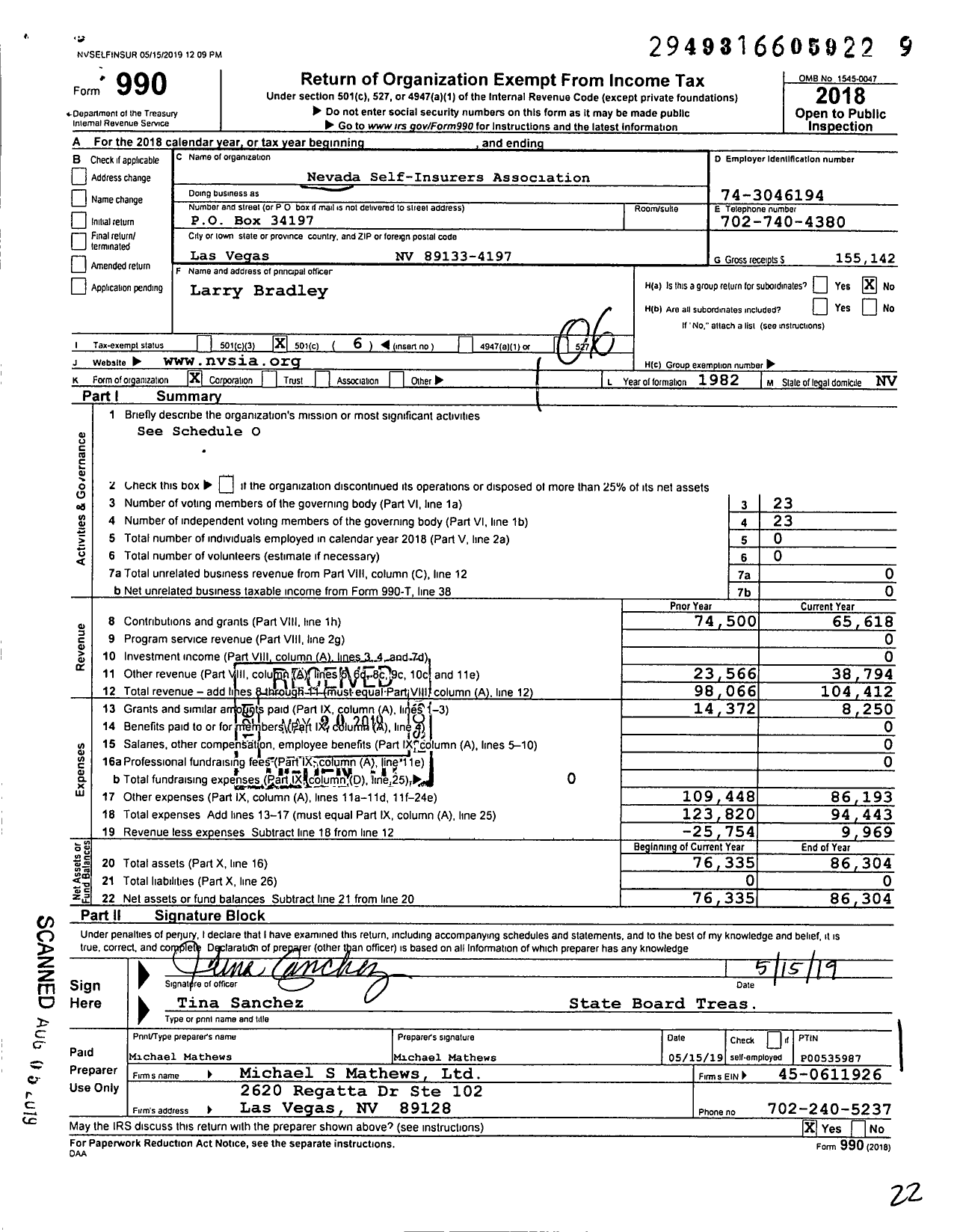 Image of first page of 2018 Form 990O for Nevada Self-Insurers Association