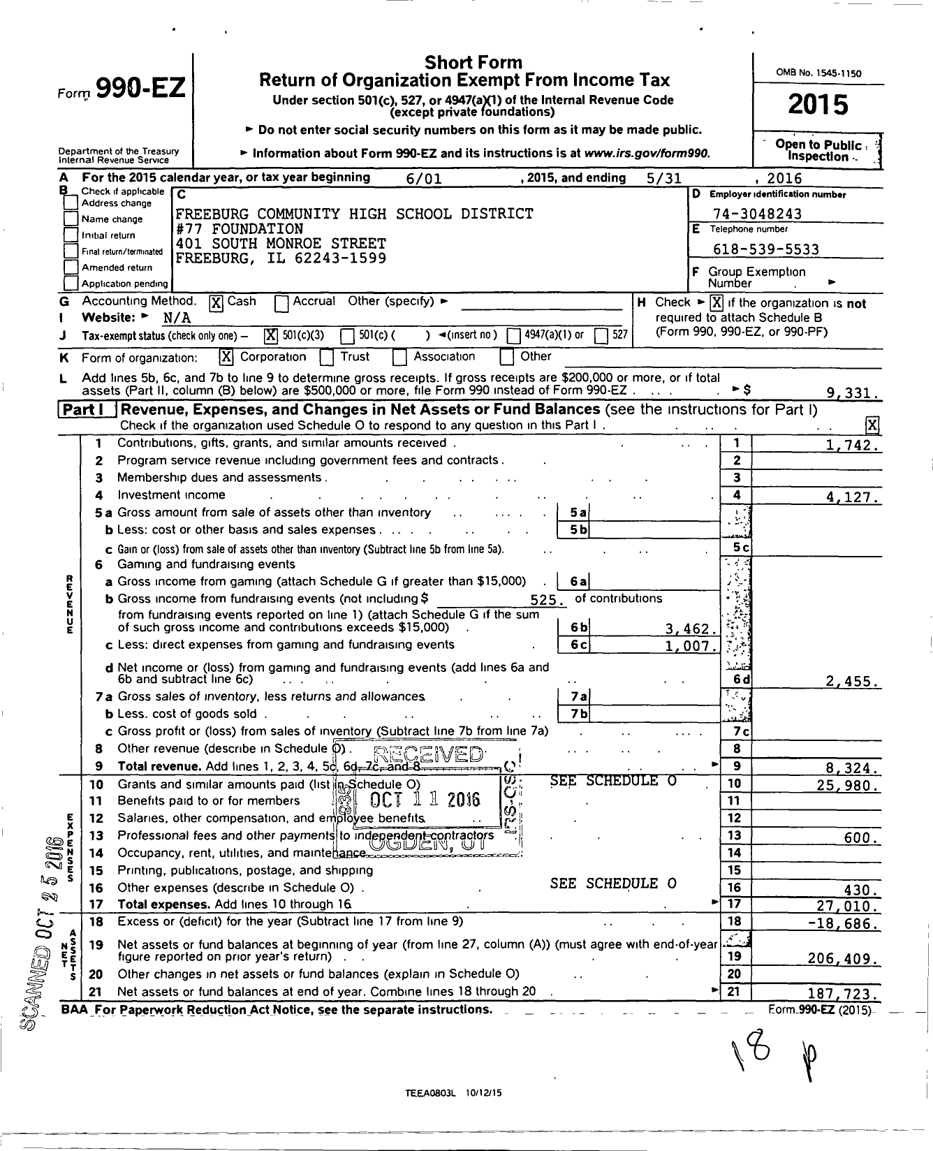 Image of first page of 2015 Form 990EZ for Freeburg Community High School District No 77 Foundation