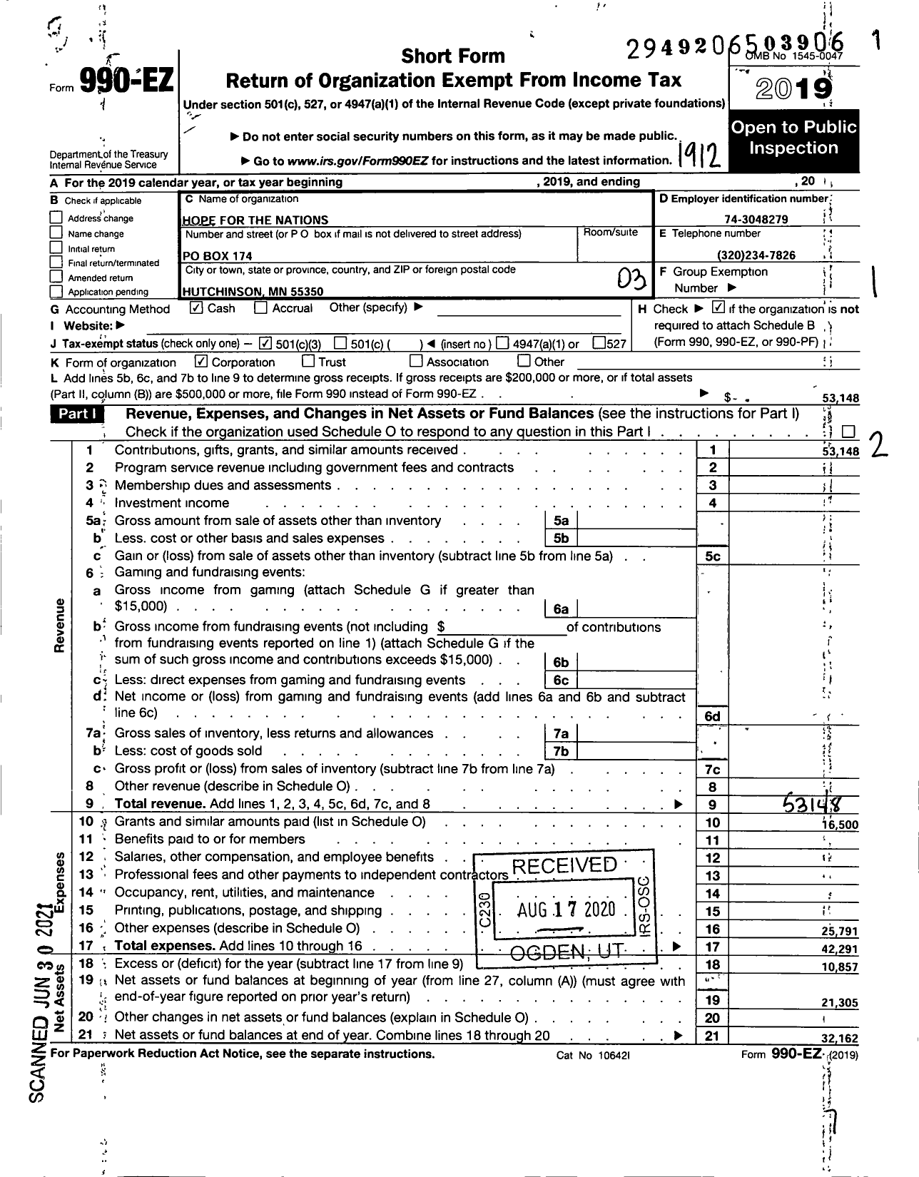 Image of first page of 2019 Form 990EZ for Hope for the Nations