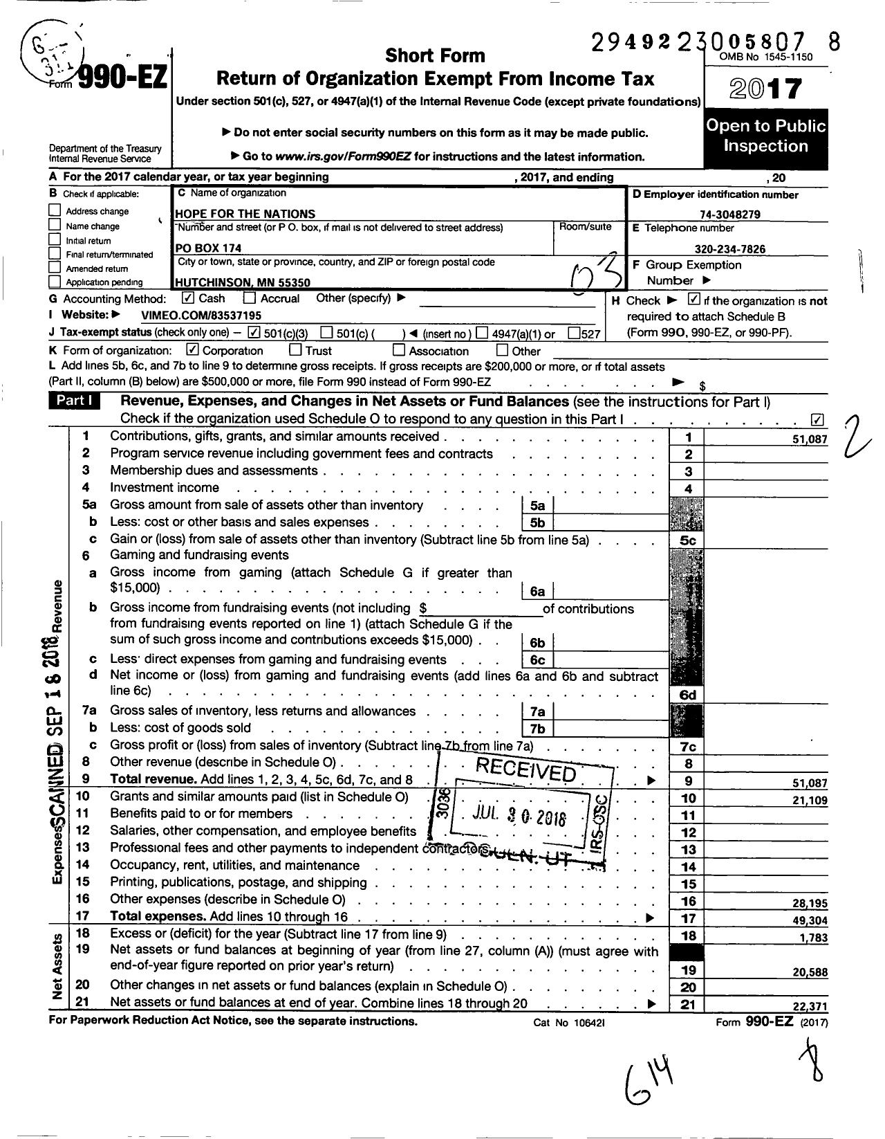 Image of first page of 2017 Form 990EZ for Hope for the Nations