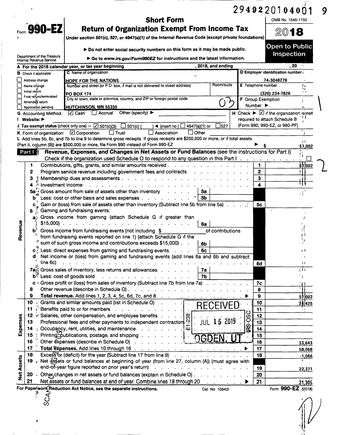 Image of first page of 2018 Form 990EZ for Hope for the Nations