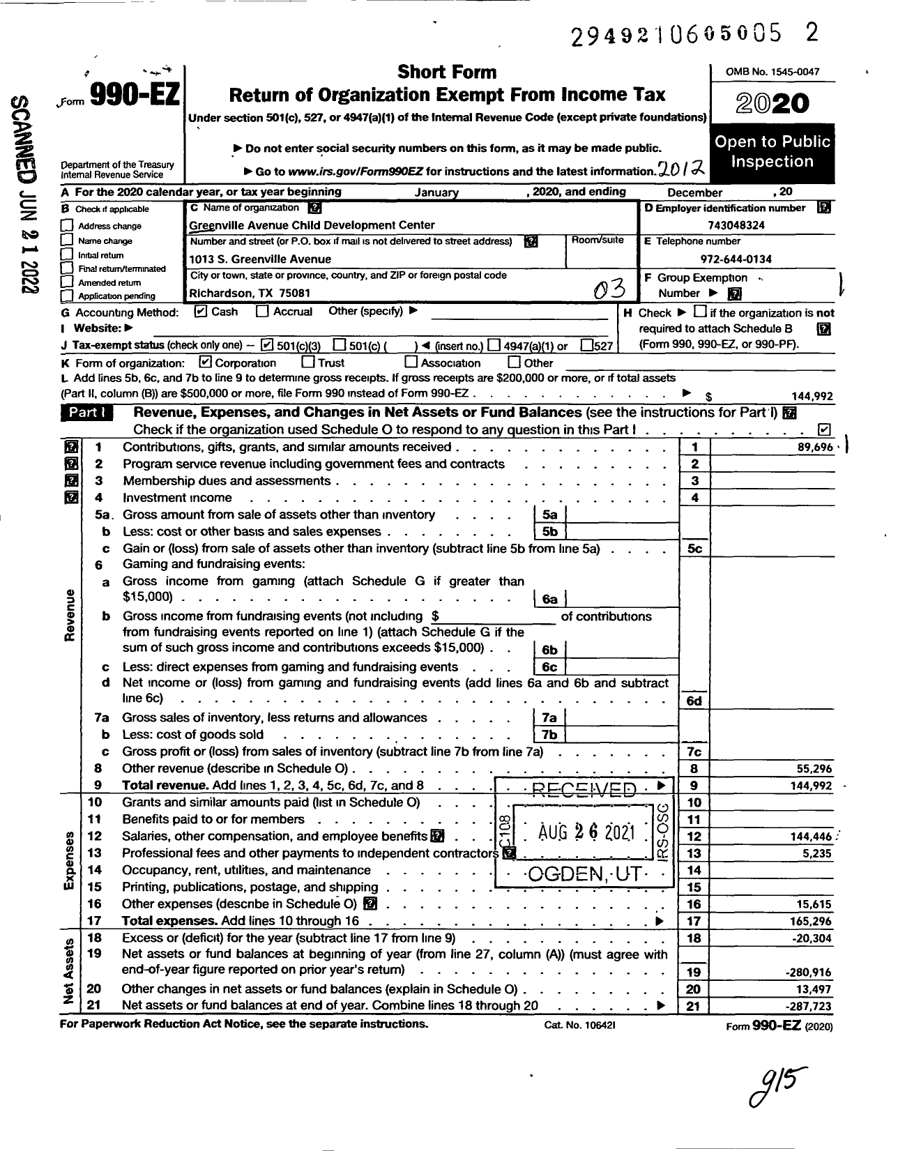 Image of first page of 2020 Form 990EZ for Greenville Avenue Child Development Center