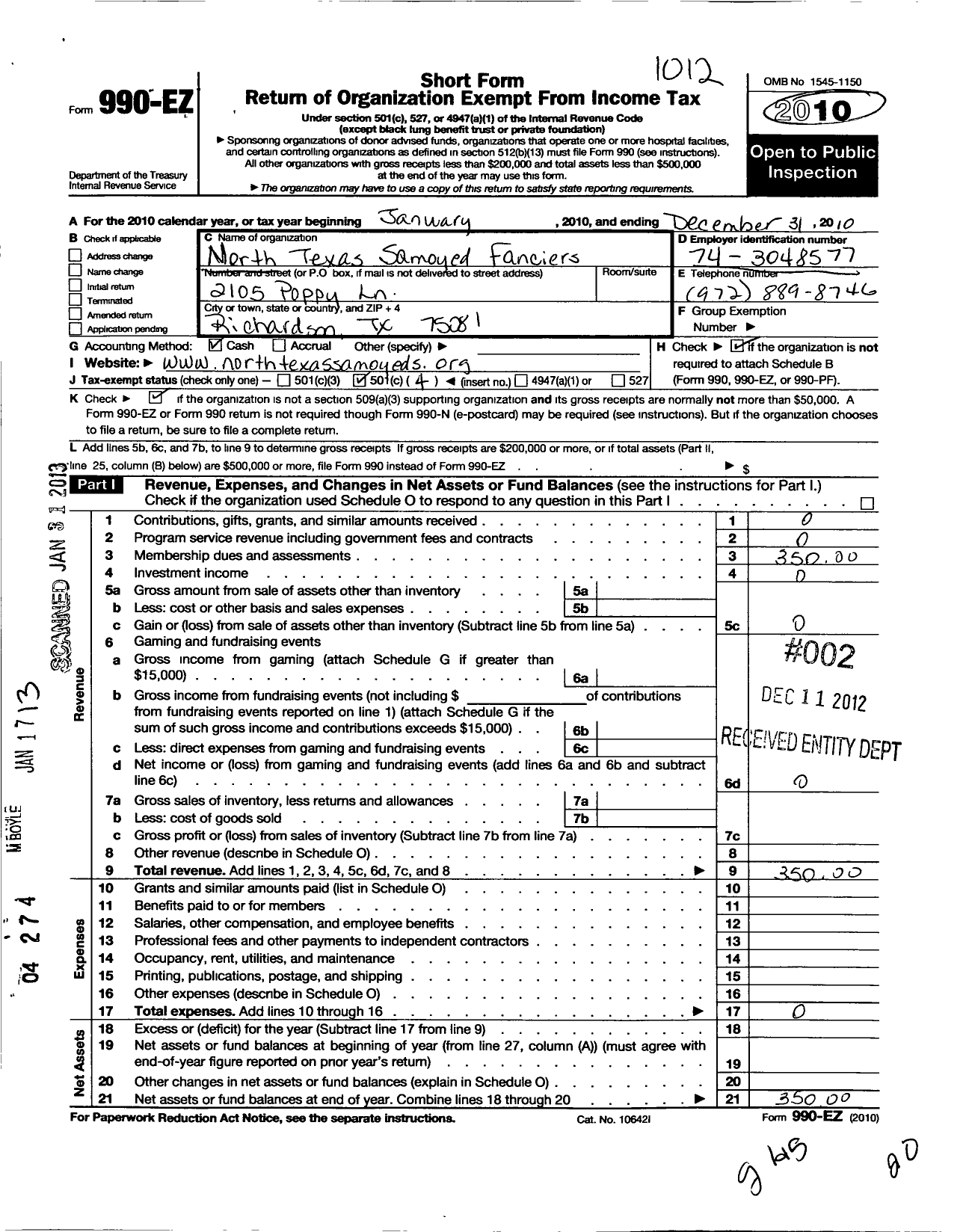 Image of first page of 2010 Form 990EO for North Texas Samoyed Fanciers