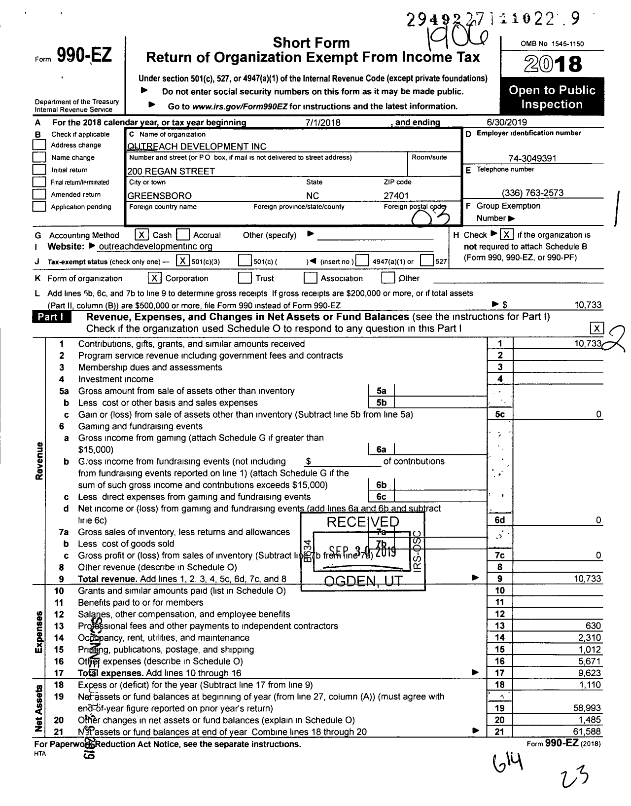 Image of first page of 2018 Form 990EZ for Outreach Development