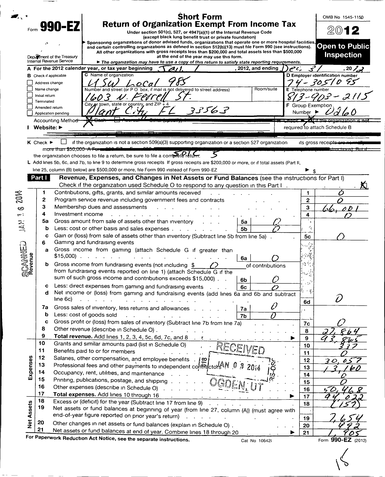 Image of first page of 2012 Form 990EO for United Steelworkers - 00985 Local