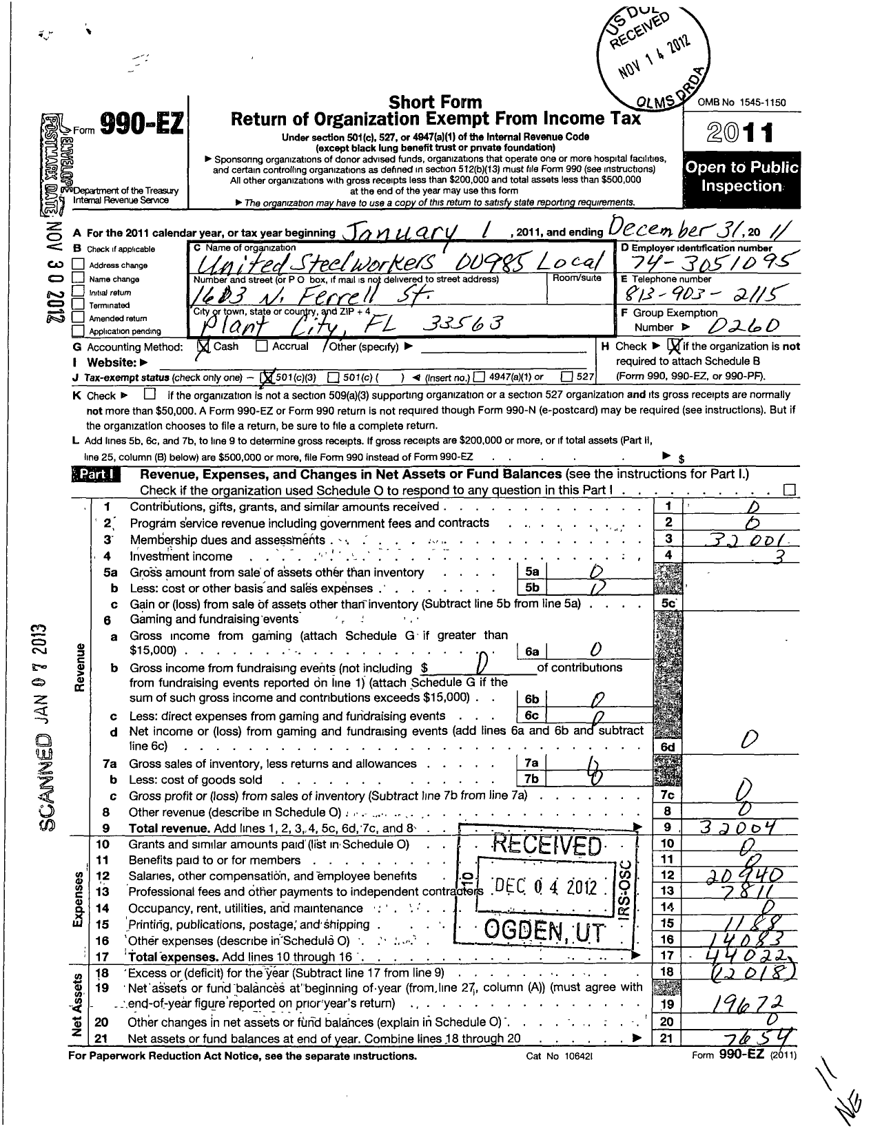 Image of first page of 2011 Form 990EZ for United Steelworkers - 00985 Local