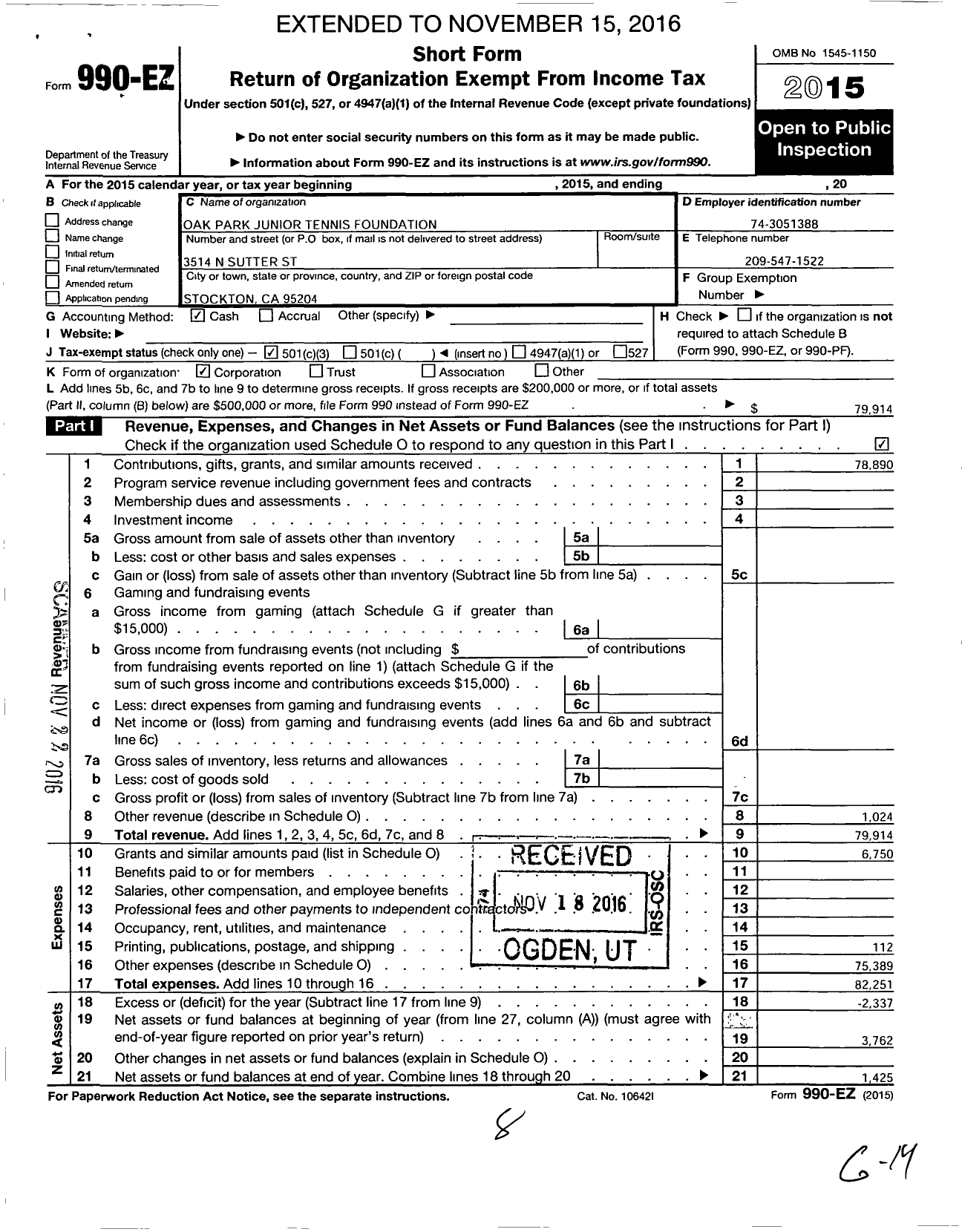 Image of first page of 2015 Form 990EZ for Oak Park Junior Tennis Foundation