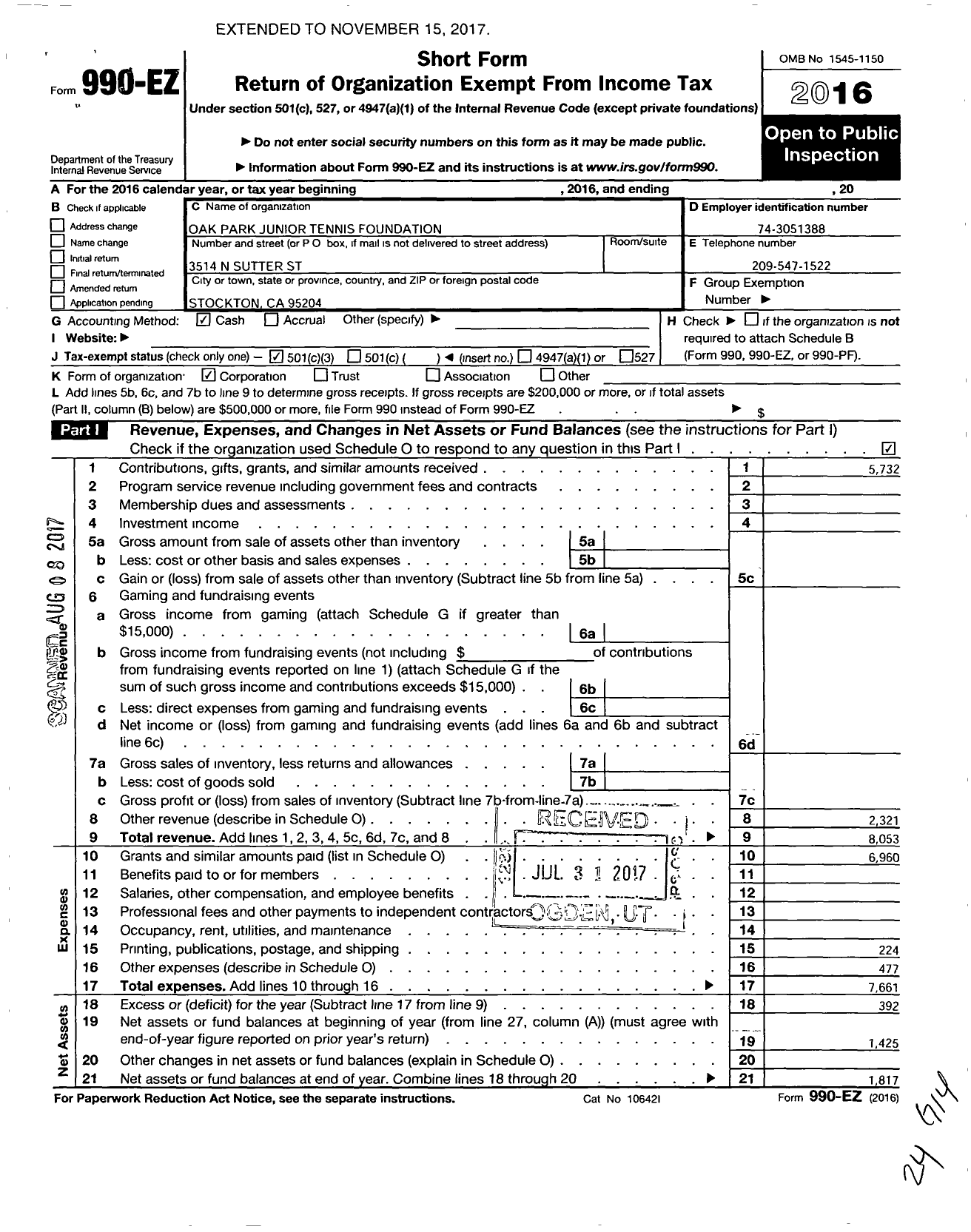 Image of first page of 2016 Form 990EZ for Oak Park Junior Tennis Foundation