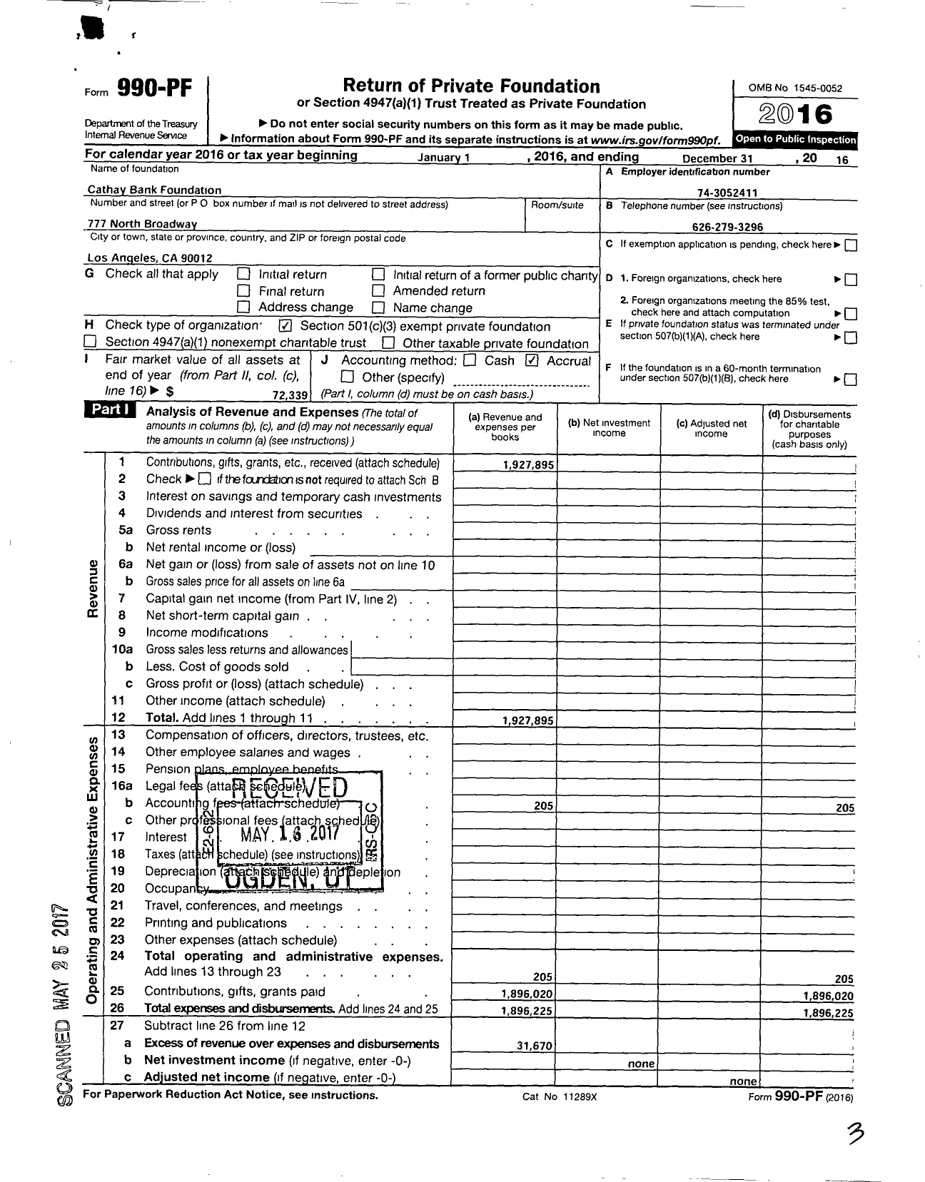 Image of first page of 2016 Form 990PF for Cathay Bank Foundation