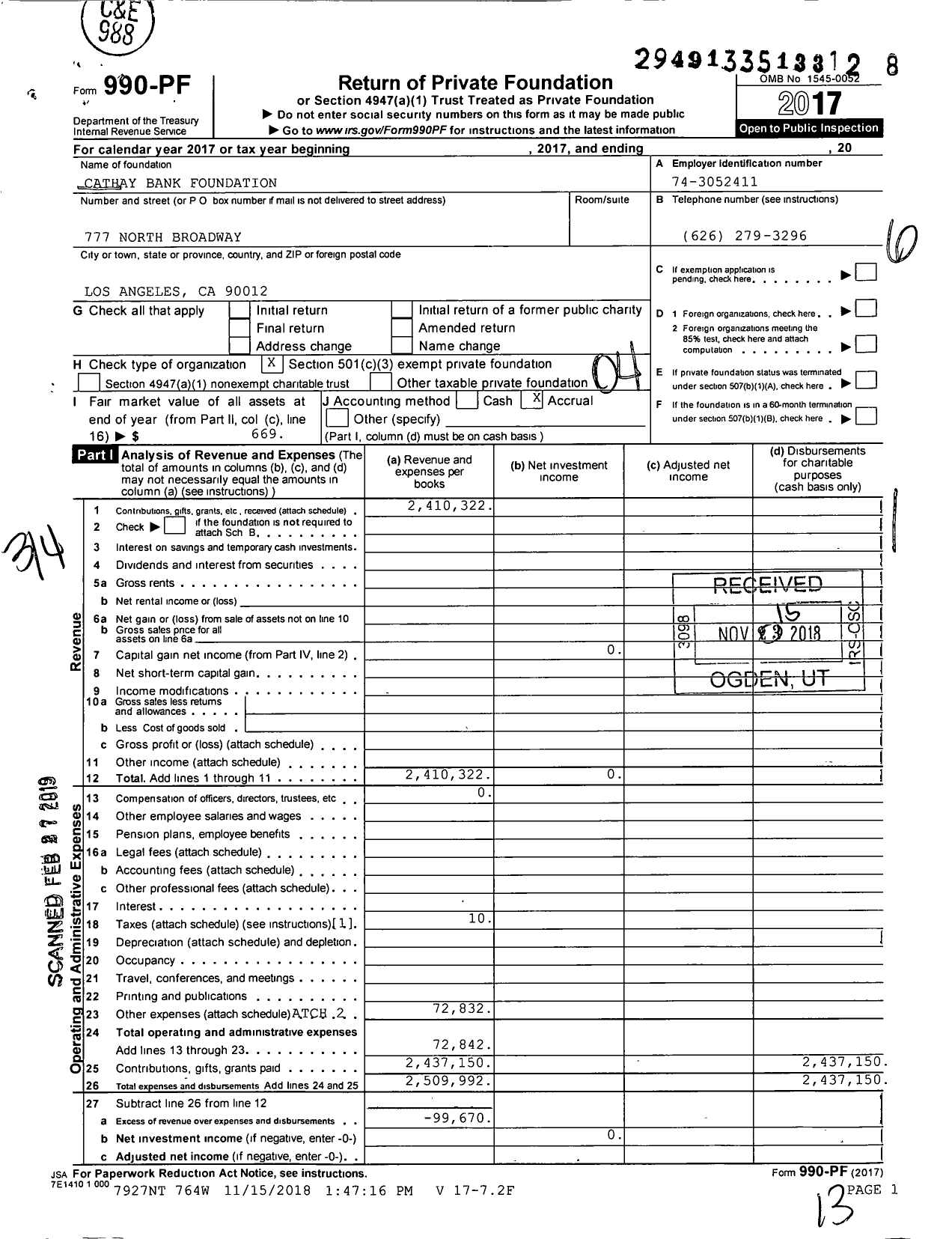 Image of first page of 2017 Form 990PF for Cathay Bank Foundation