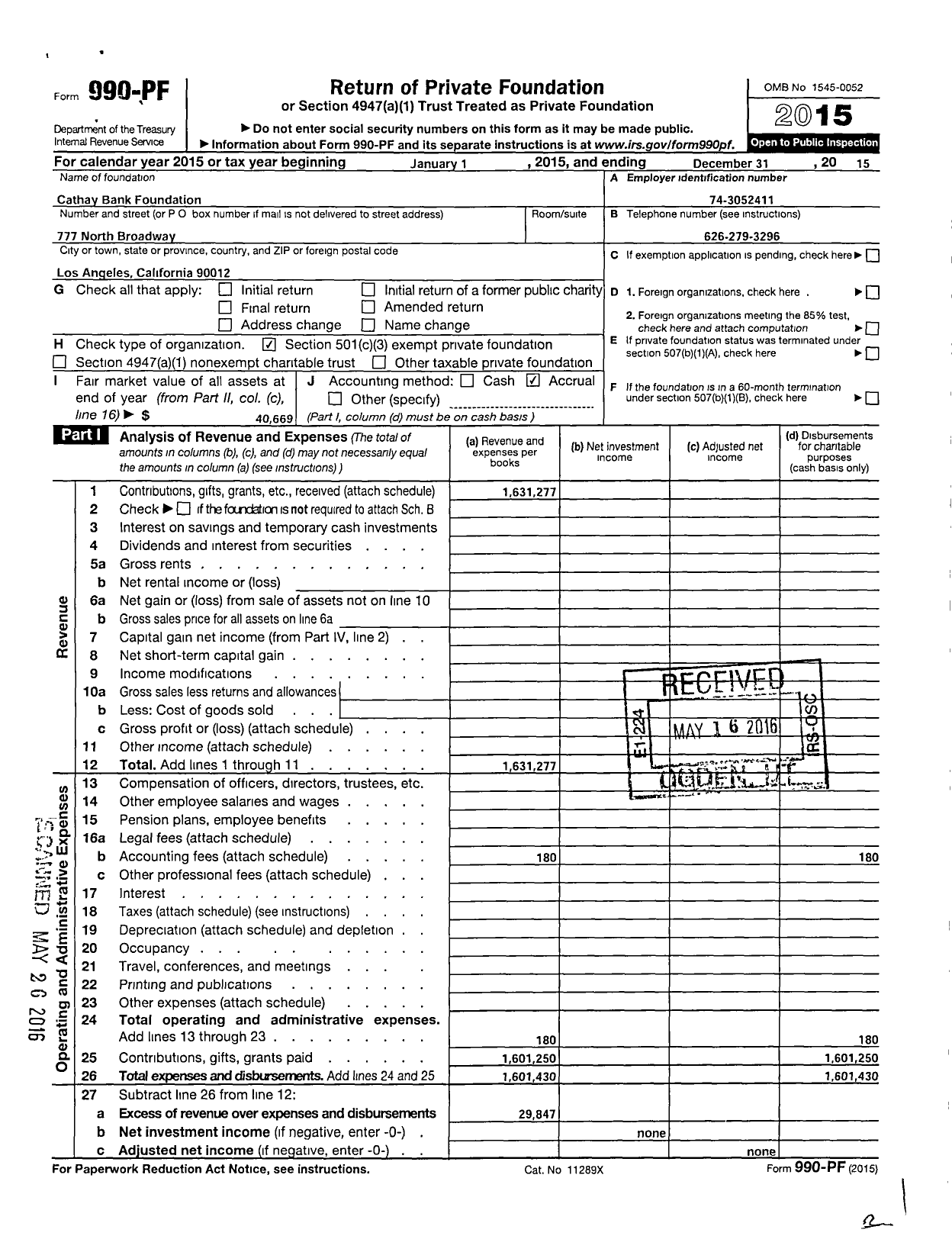 Image of first page of 2015 Form 990PF for Cathay Bank Foundation