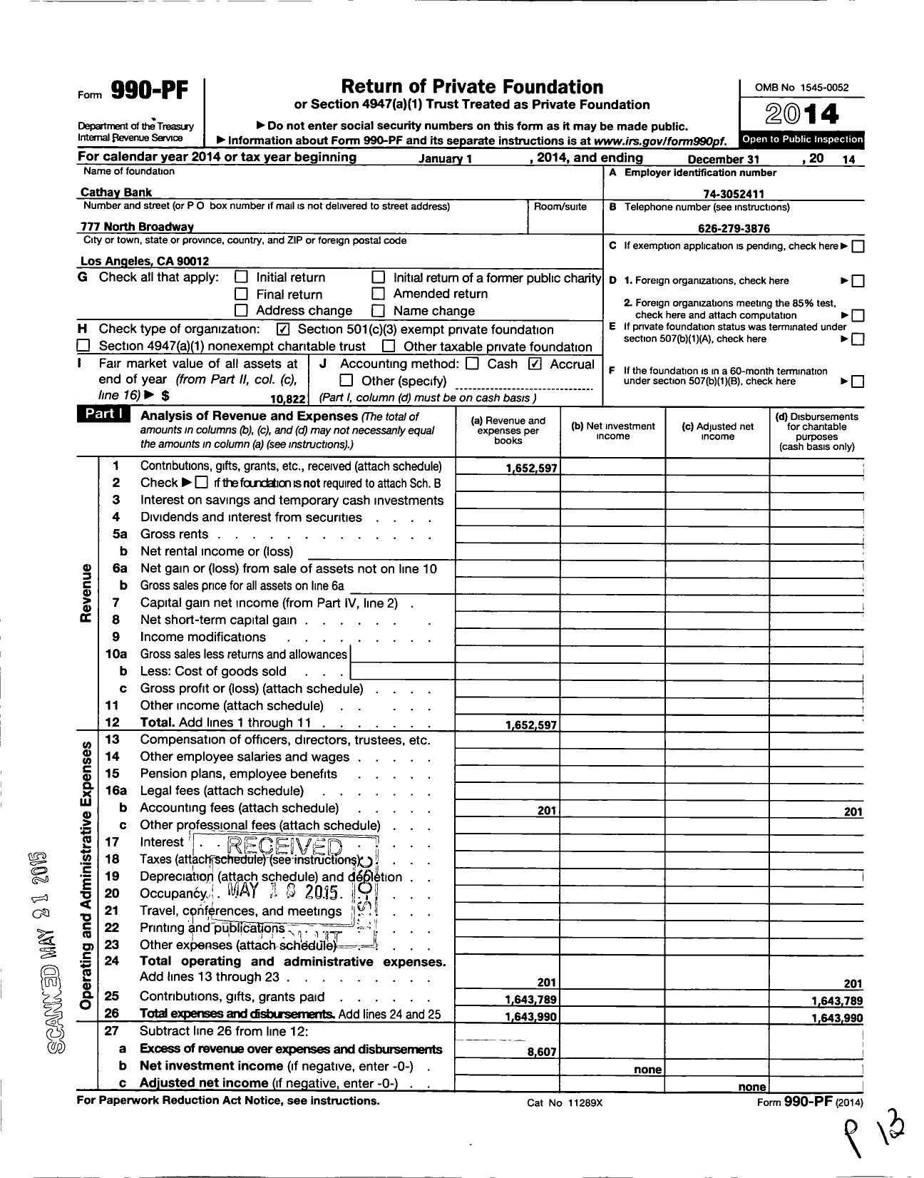 Image of first page of 2014 Form 990PF for Cathay Bank Foundation