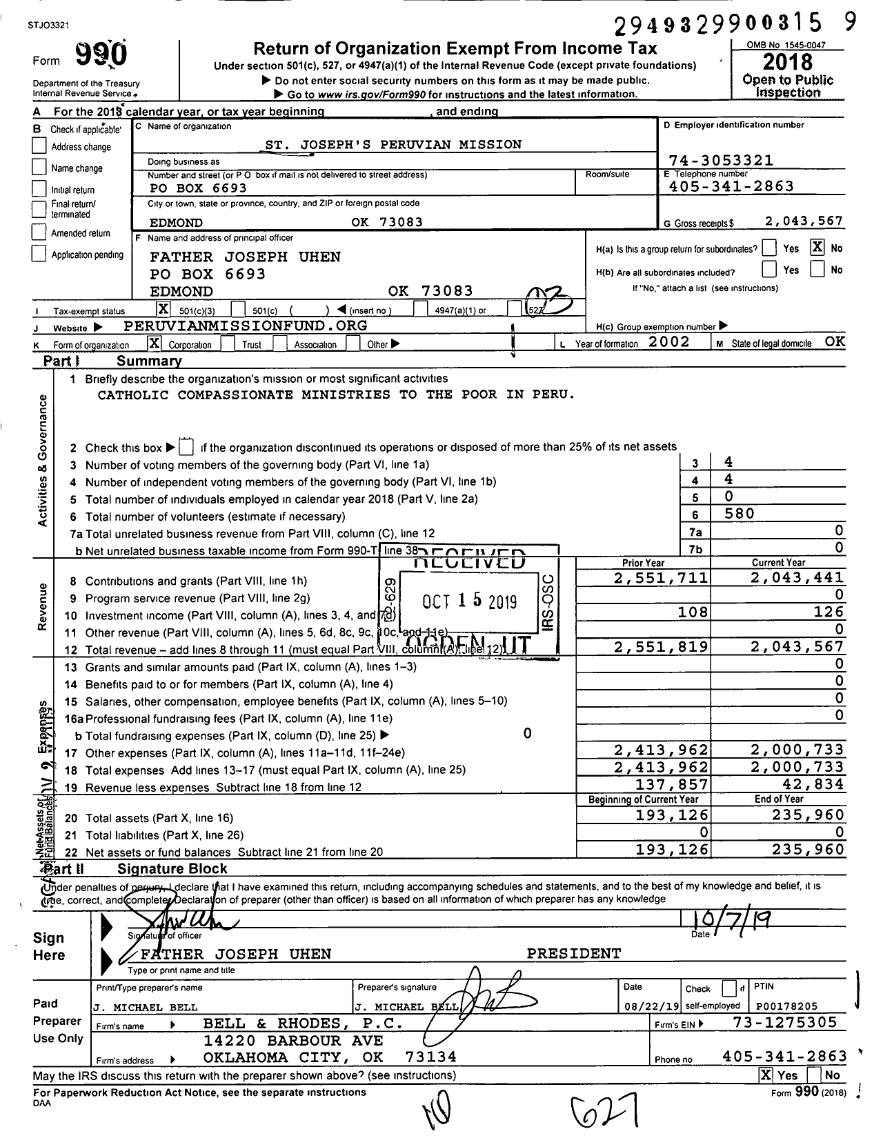 Image of first page of 2018 Form 990 for St Joseph's Peruvian Mission