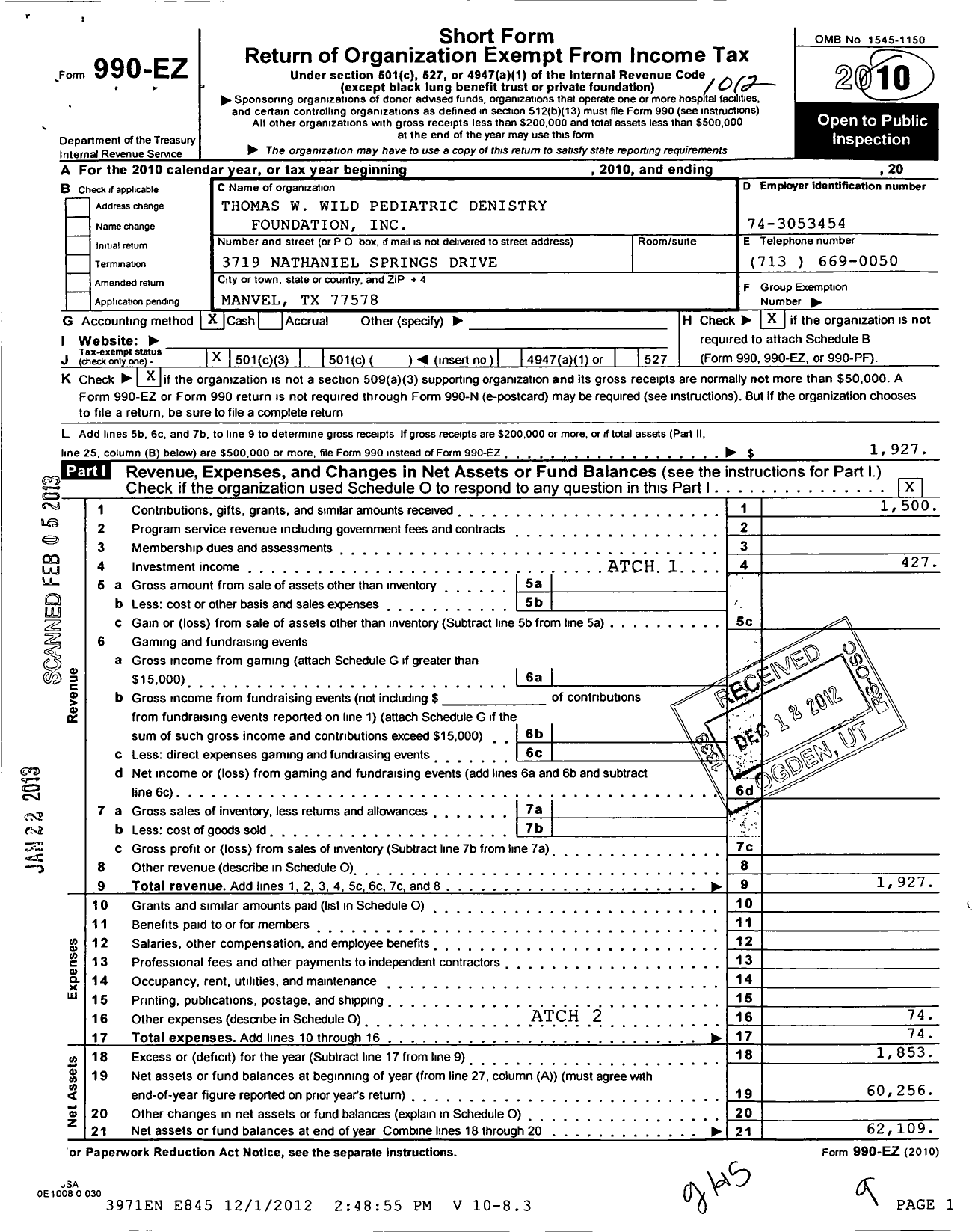 Image of first page of 2010 Form 990EZ for Thomas W Wild Pediatric Dentistry Foundation