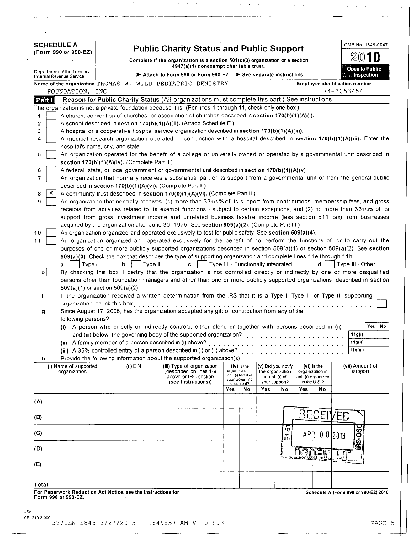 Image of first page of 2010 Form 990ER for Thomas W Wild Pediatric Dentistry Foundation