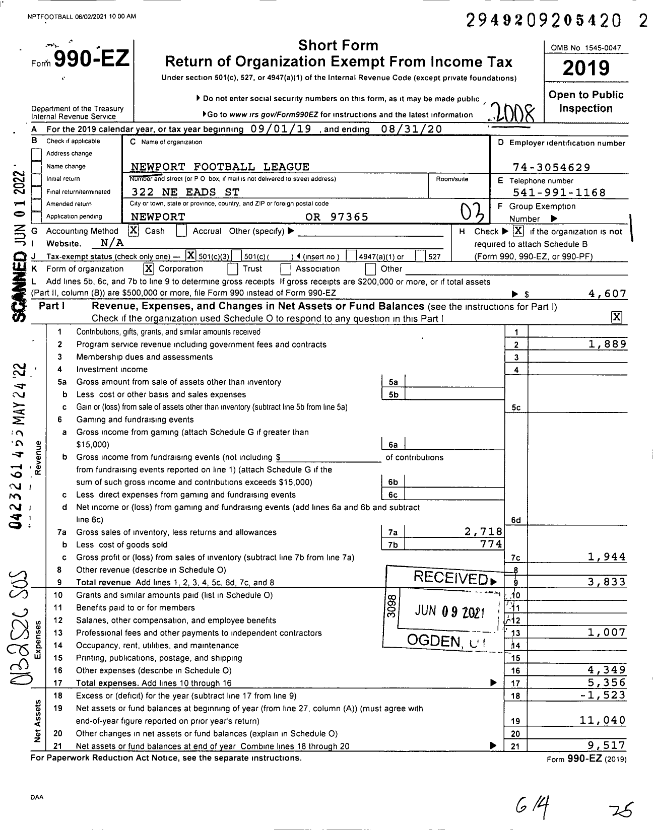 Image of first page of 2019 Form 990EZ for Newport Football League