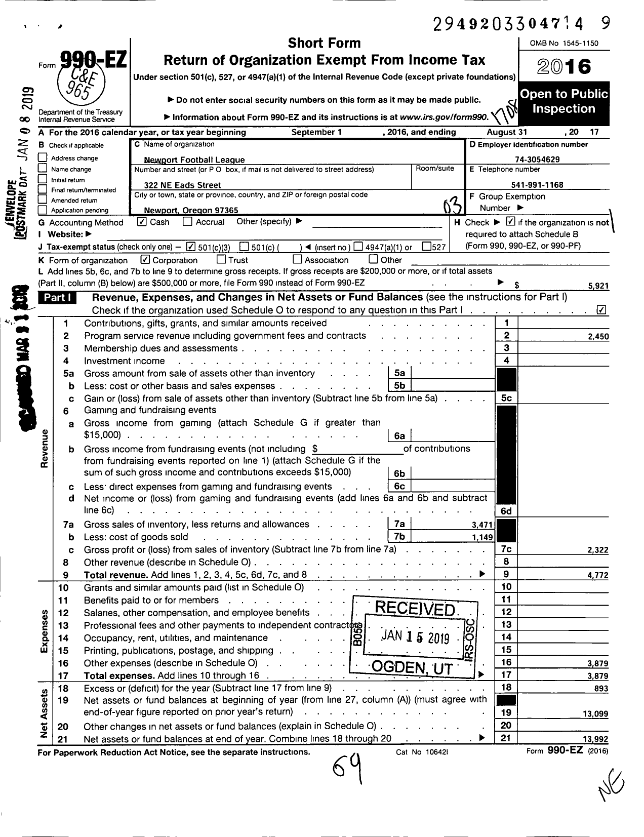 Image of first page of 2016 Form 990EZ for Newport Football League